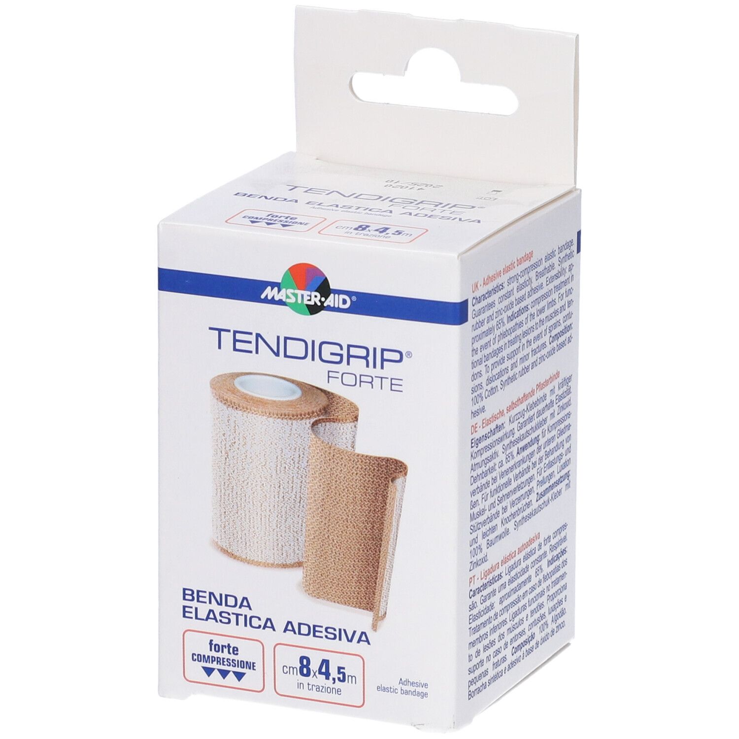 Confezione di benda elastica. Scritta: TENDIGRIP FORTE, 8,4x4,5 cm. Marchio: MASTER-AID.