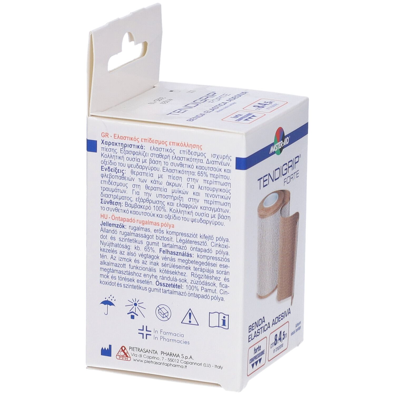Retro della confezione con informazioni sul prodotto. Scritta: TENDIGRIP FORTE. Marchio: MASTER-AID.