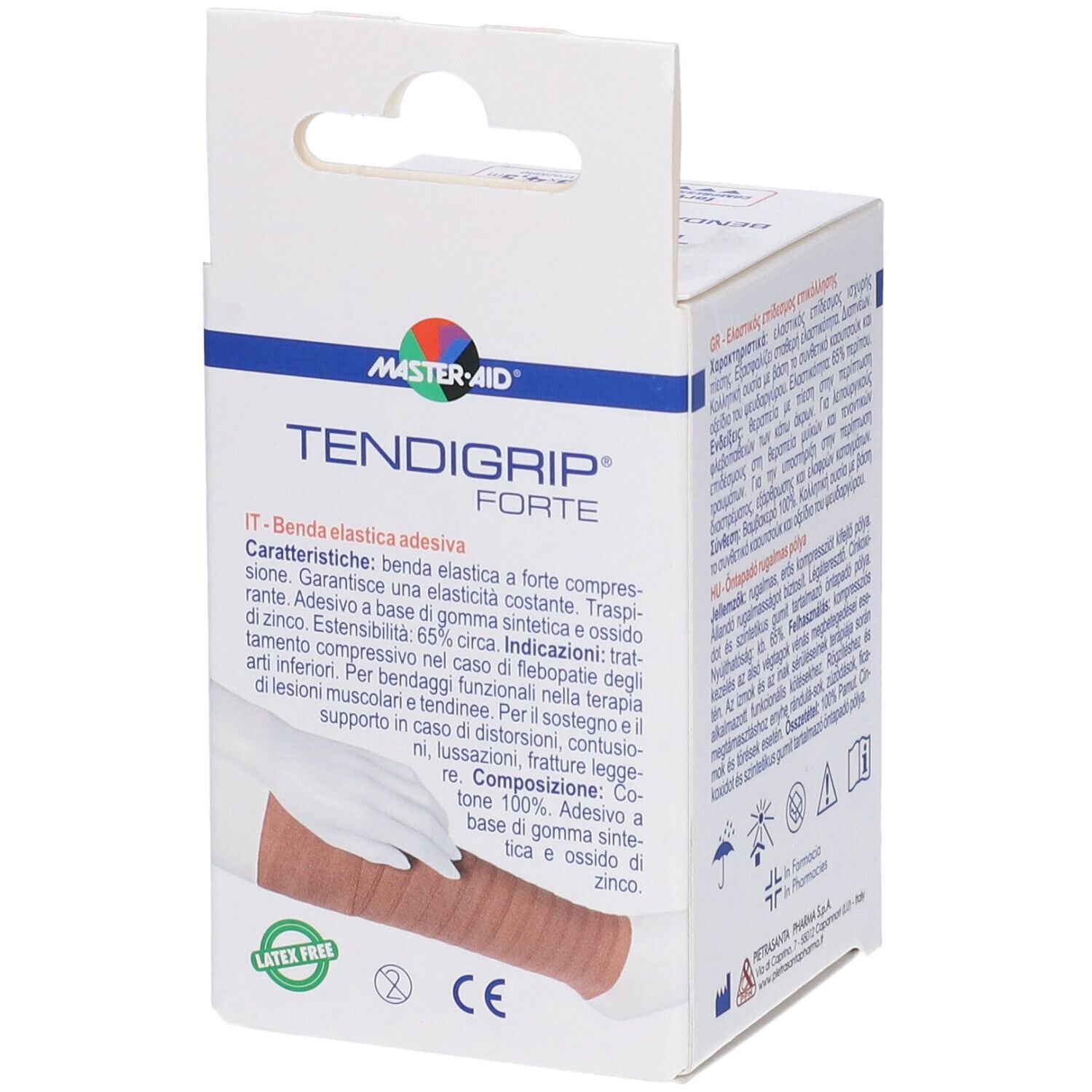 Confezione con benda e mano. Scritta: TENDIGRIP FORTE. Marchio: MASTER-AID. Senza lattice.