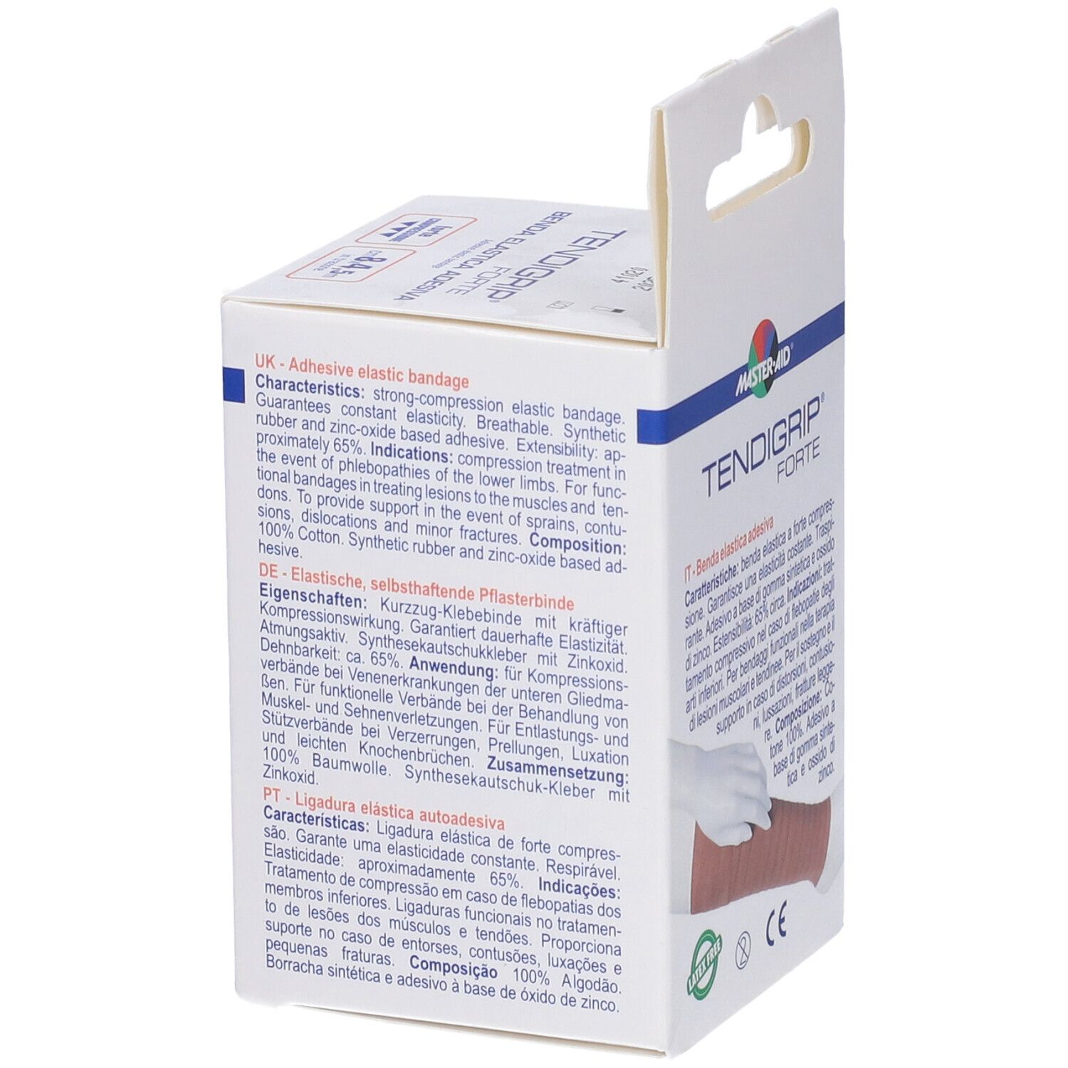 Retro della confezione con informazioni sul prodotto. Scritta: TENDIGRIP FORTE. Marchio: MASTER-AID.