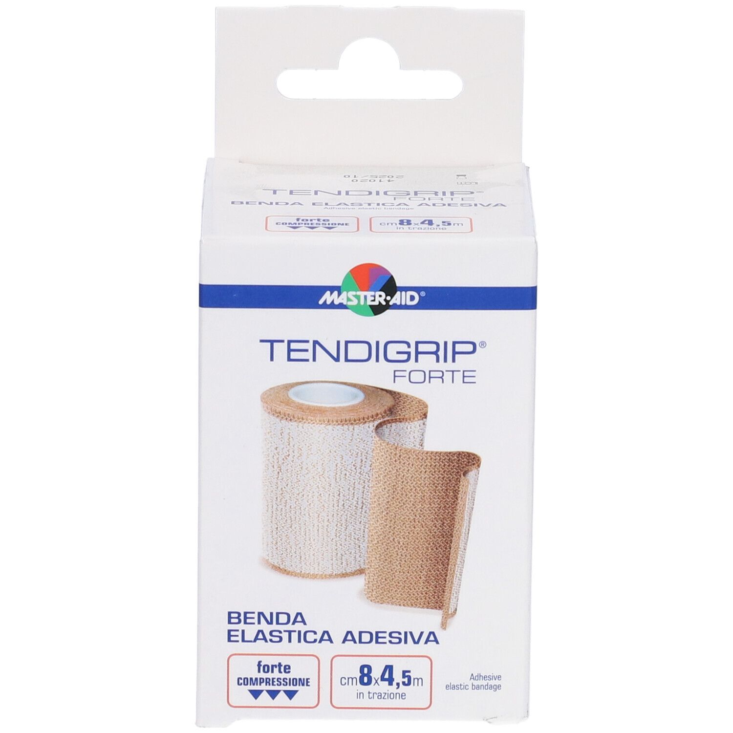 Confezione di benda elastica. Scritta: TENDIGRIP FORTE, 8,4x4,5 cm. Marchio: MASTER-AID.