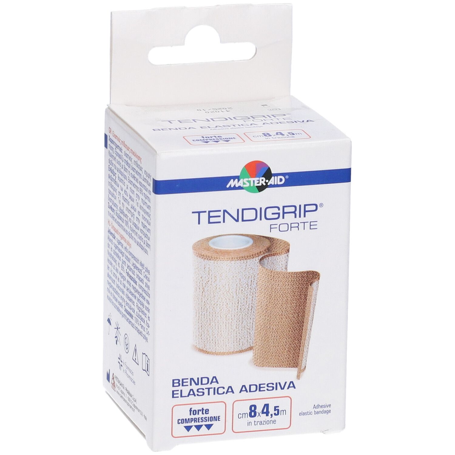Confezione di benda elastica. Scritta: TENDIGRIP FORTE, 8,4x4,5 cm. Marchio: MASTER-AID.