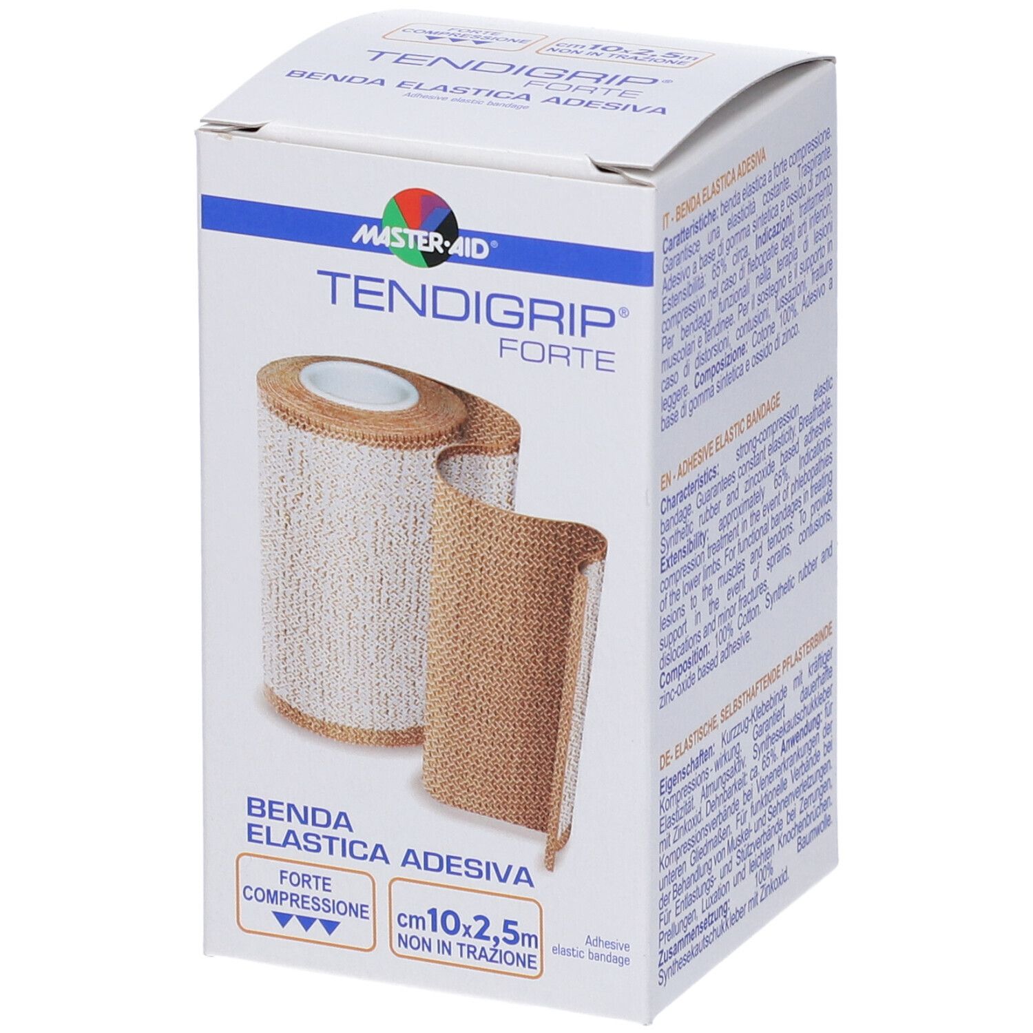 Confezione di Tendagrip Forte. Mostra un rotolo di benda elastica adesiva. Nome prodotto e dimensioni: 10cm x 2,5m.