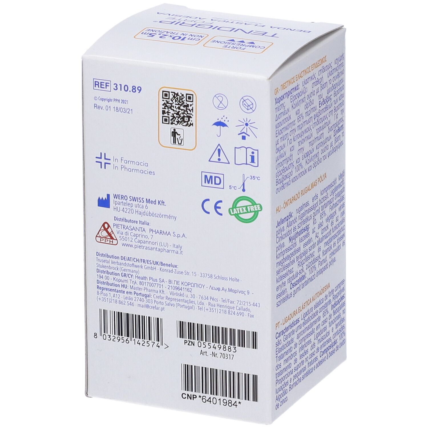 Retro della confezione Tendagrip Forte. Contiene informazioni come numero di lotto, produttore e certificazioni.