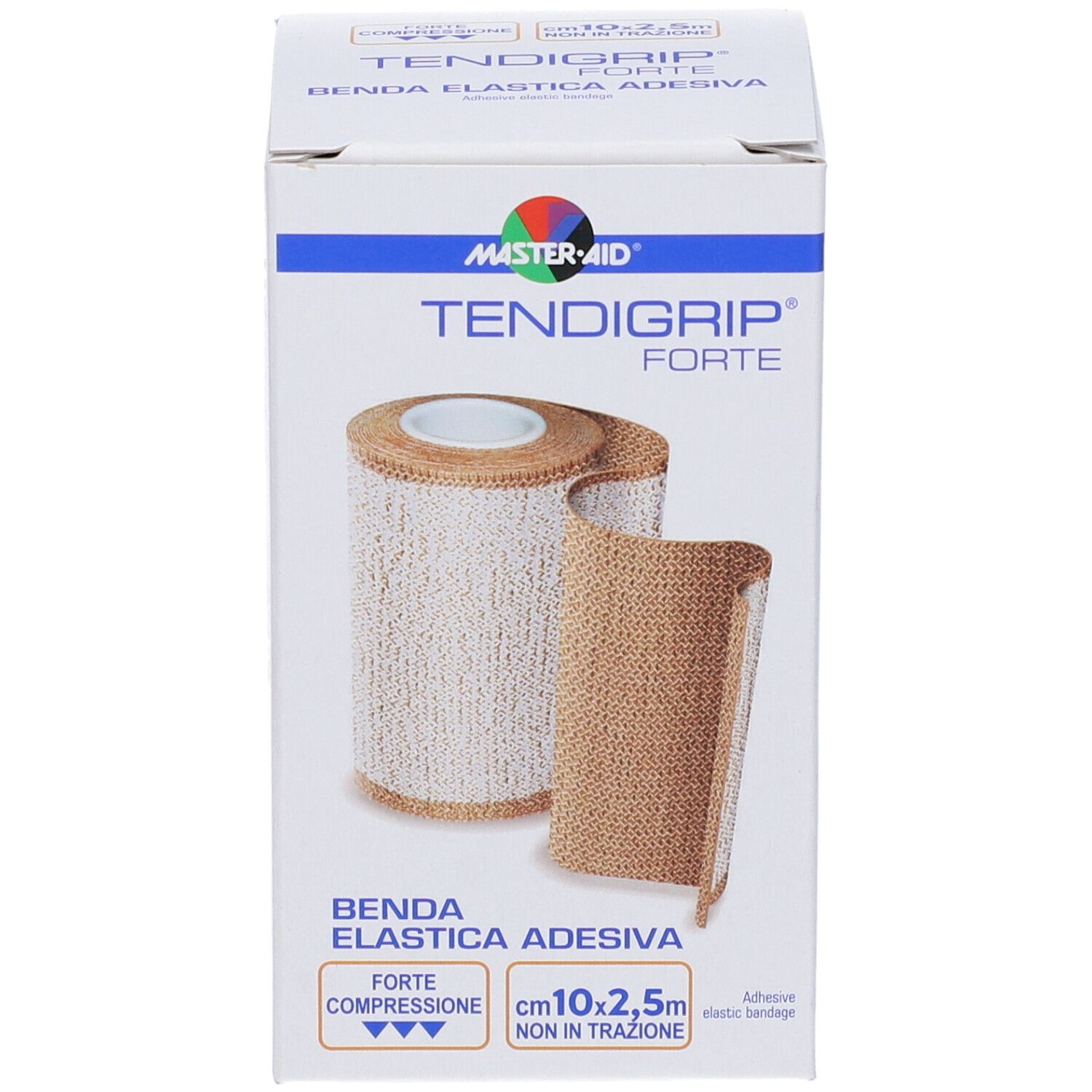 Confezione di Tendagrip Forte. Mostra un rotolo di benda elastica adesiva. Nome prodotto e dimensioni: 10cm x 2,5m.