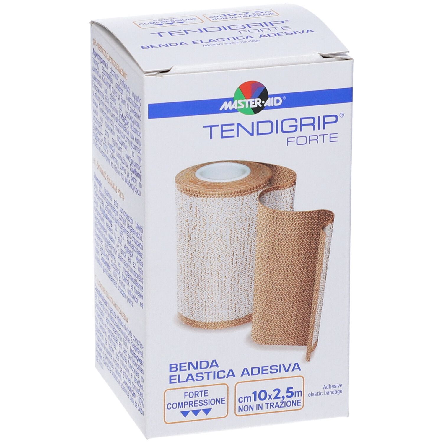 Confezione di Tendagrip Forte. Mostra un rotolo di benda elastica adesiva. Nome prodotto e dimensioni: 10cm x 2,5m.