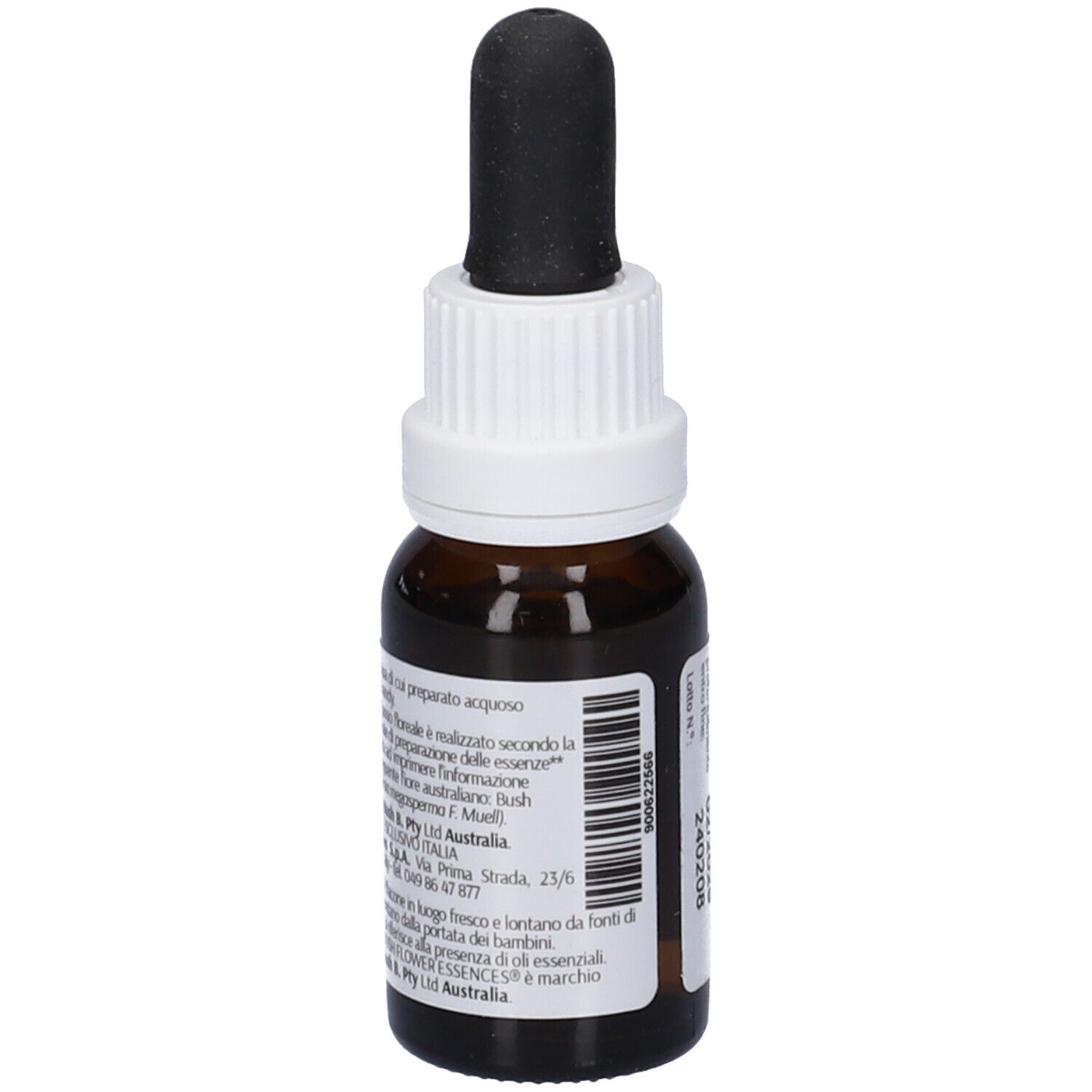 Flacone di vetro marrone con contagocce. Etichetta con testo e codice a barre. Informazioni di produzione e ingredienti.