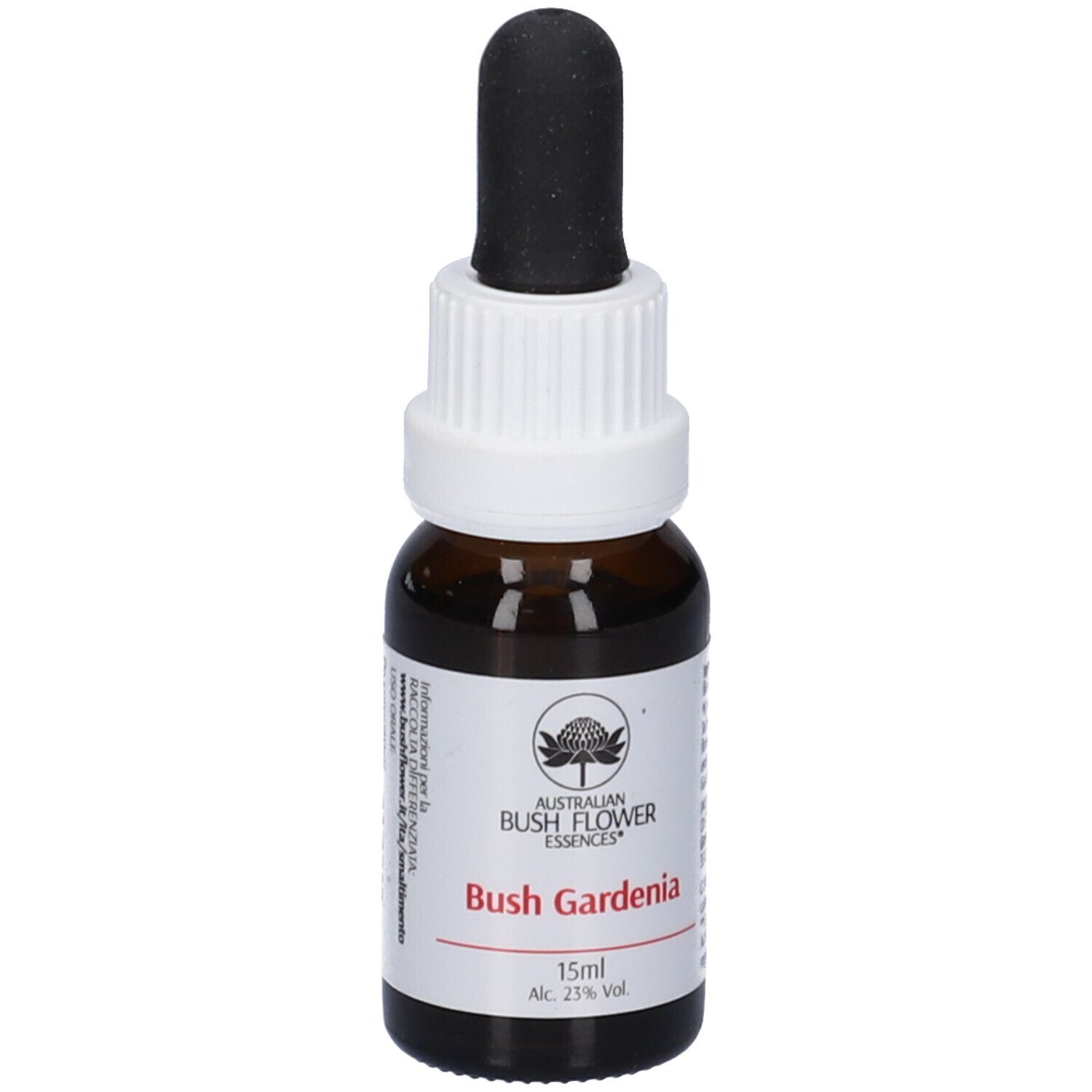 Flacone di vetro marrone con contagocce. Scritta: Bush Gardenia, 15ml, Alc. 23% Vol. Logo floreale.