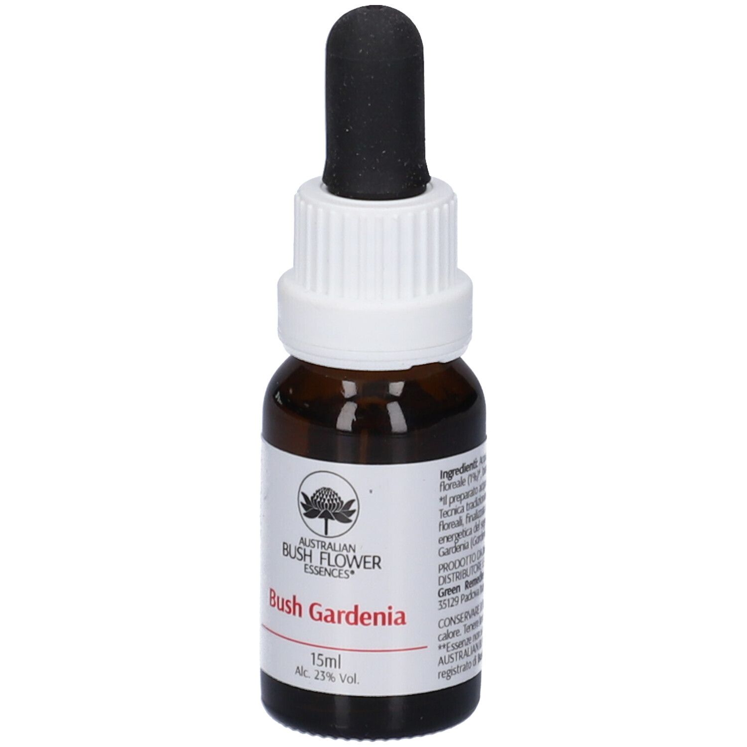 Flacone di vetro marrone con contagocce. Scritta: Bush Gardenia, 15ml, Alc. 23% Vol. Logo floreale.