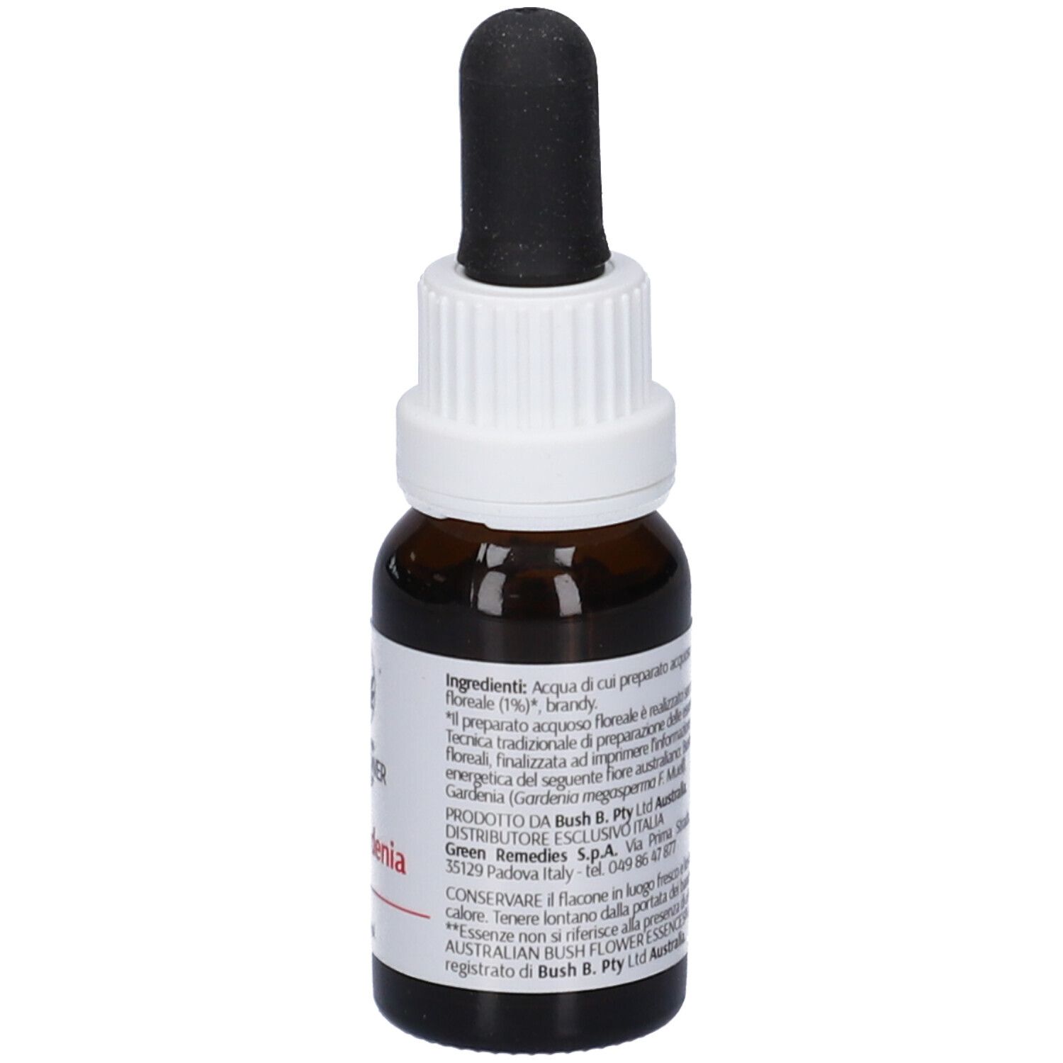 Flacone di vetro marrone con contagocce. Scritta: Bush Gardenia, 15ml, Alc. 23% Vol. Logo floreale.