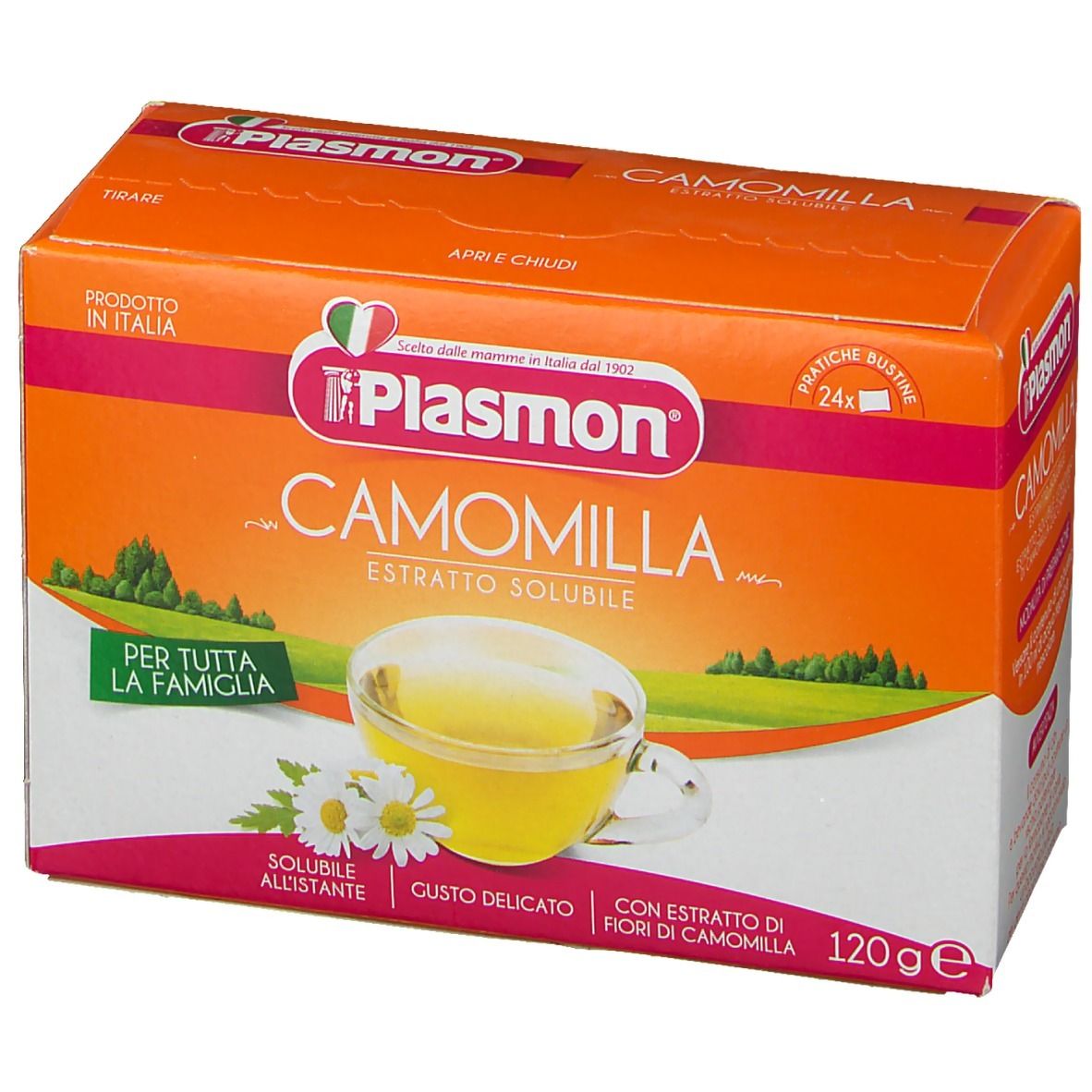 Plasmon Camomilla, estratto solubile di camomilla. Scatola arancione con immagine e testo del prodotto. 120g, 24 bustine.