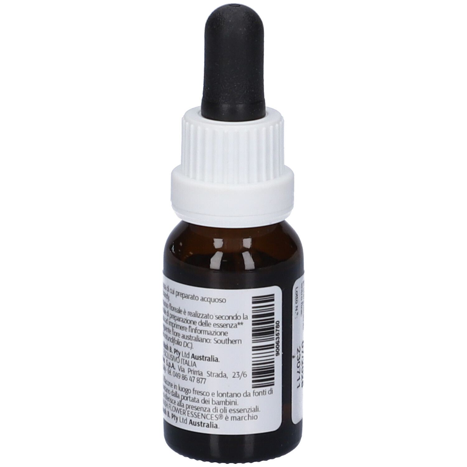 Flacone di vetro marrone con contagocce. Etichetta con testo e codice a barre. Scritta: 90656780.