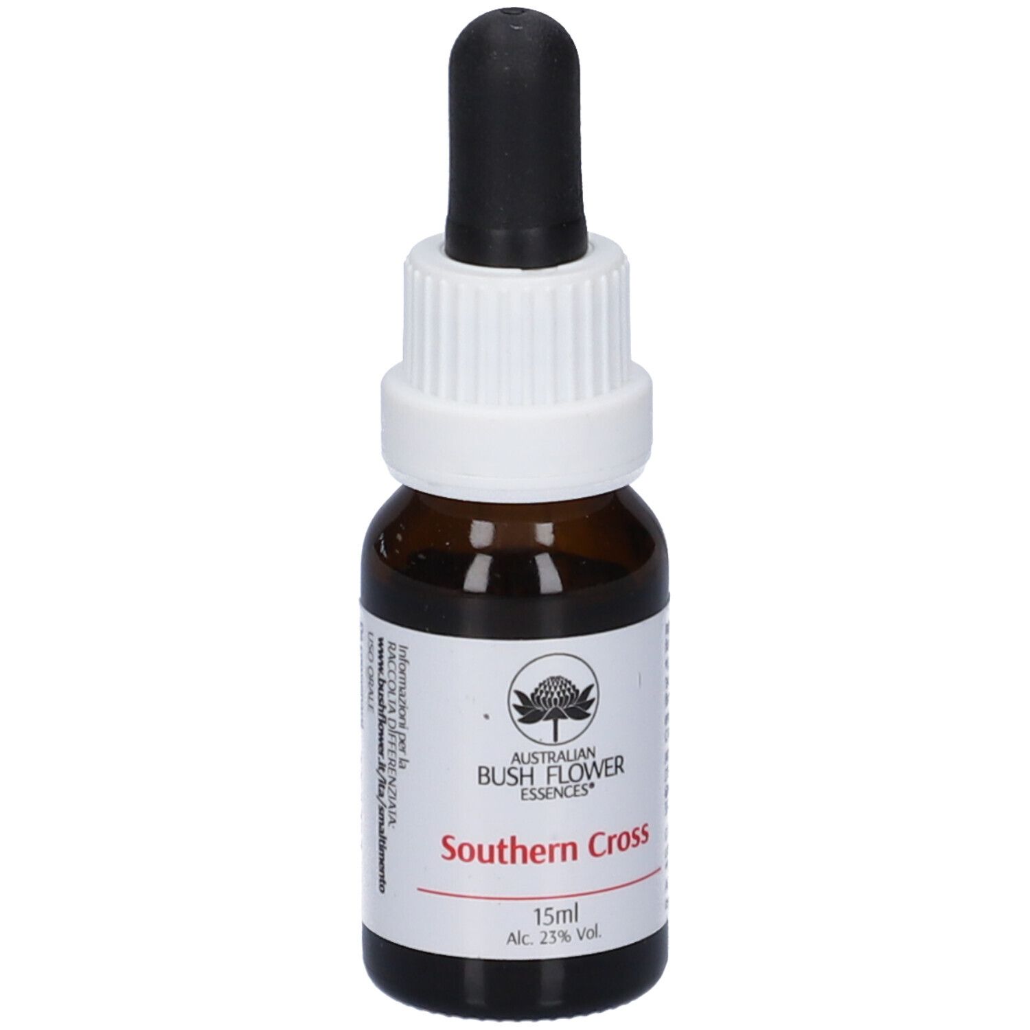 Flacone di vetro marrone con contagocce. Scritta: Southern Cross, 15ml, Alc. 23% Vol. Etichetta con logo e testo.