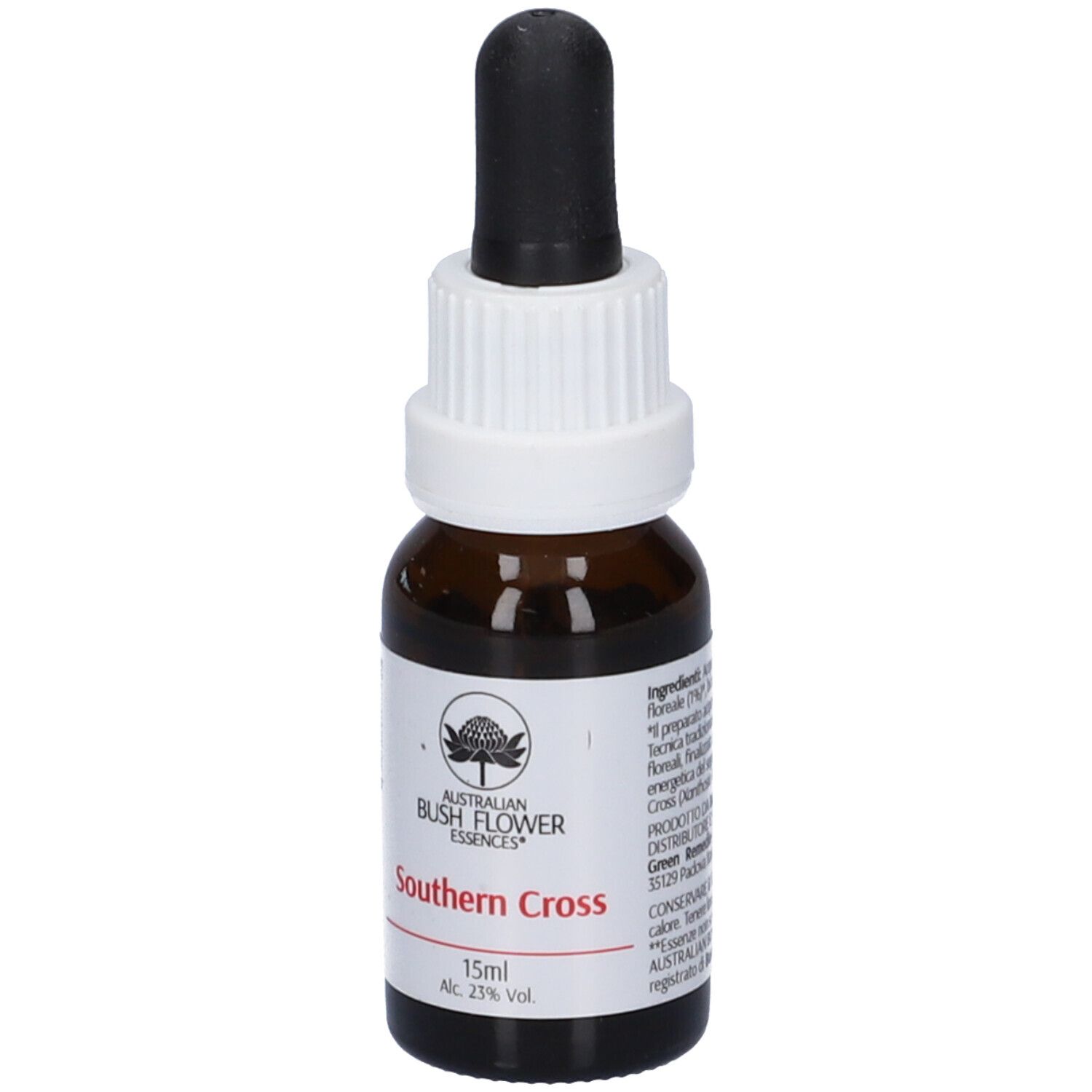 Flacone di vetro marrone con contagocce. Scritta: Southern Cross, 15ml, Alc. 23% Vol. Etichetta con logo e testo.