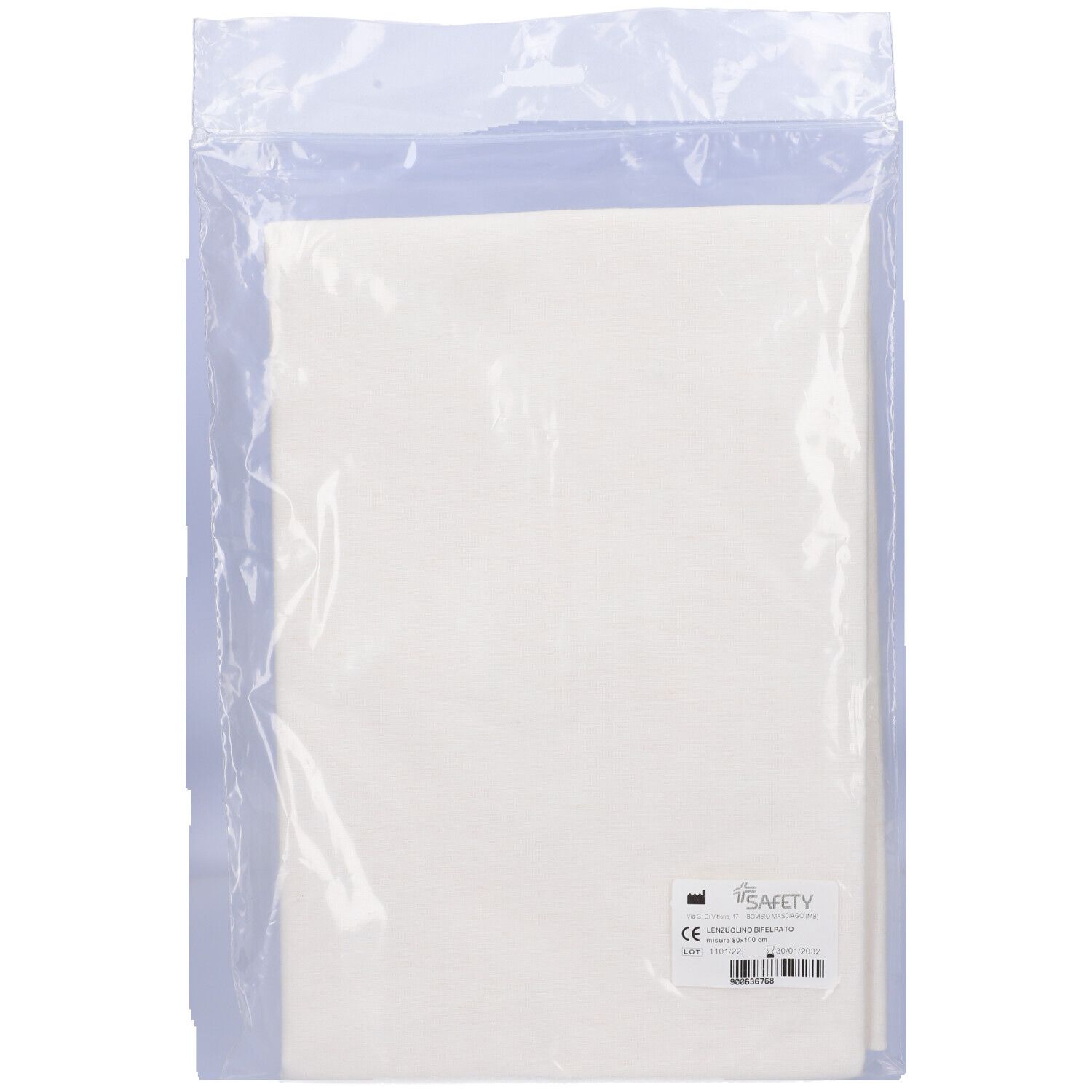 Prodotto bianco rettangolare in confezione di plastica trasparente. Etichetta con testo e codice a barre.