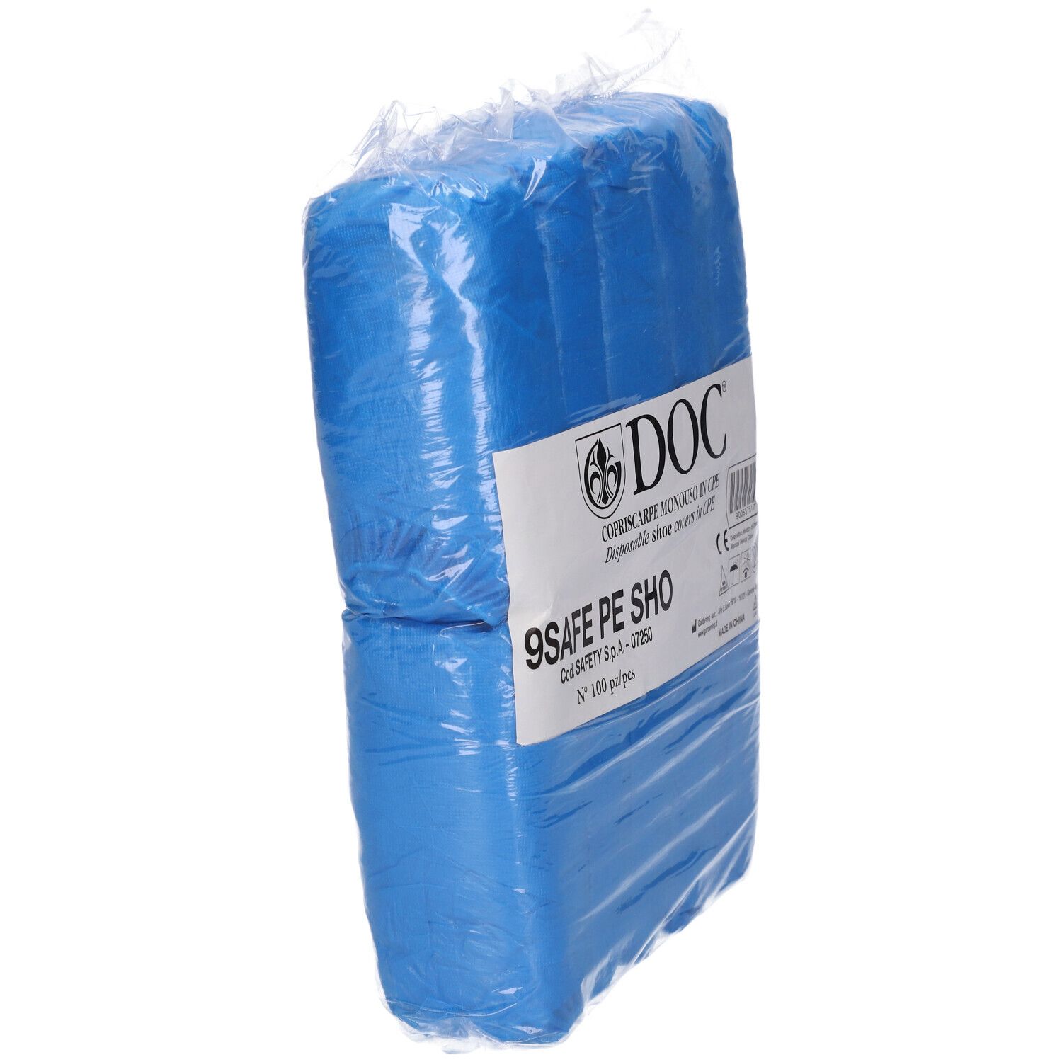 Confezione di copriscarpe blu. Scritta: DOC, 9SAFE PE SHO. Imballaggio trasparente.
