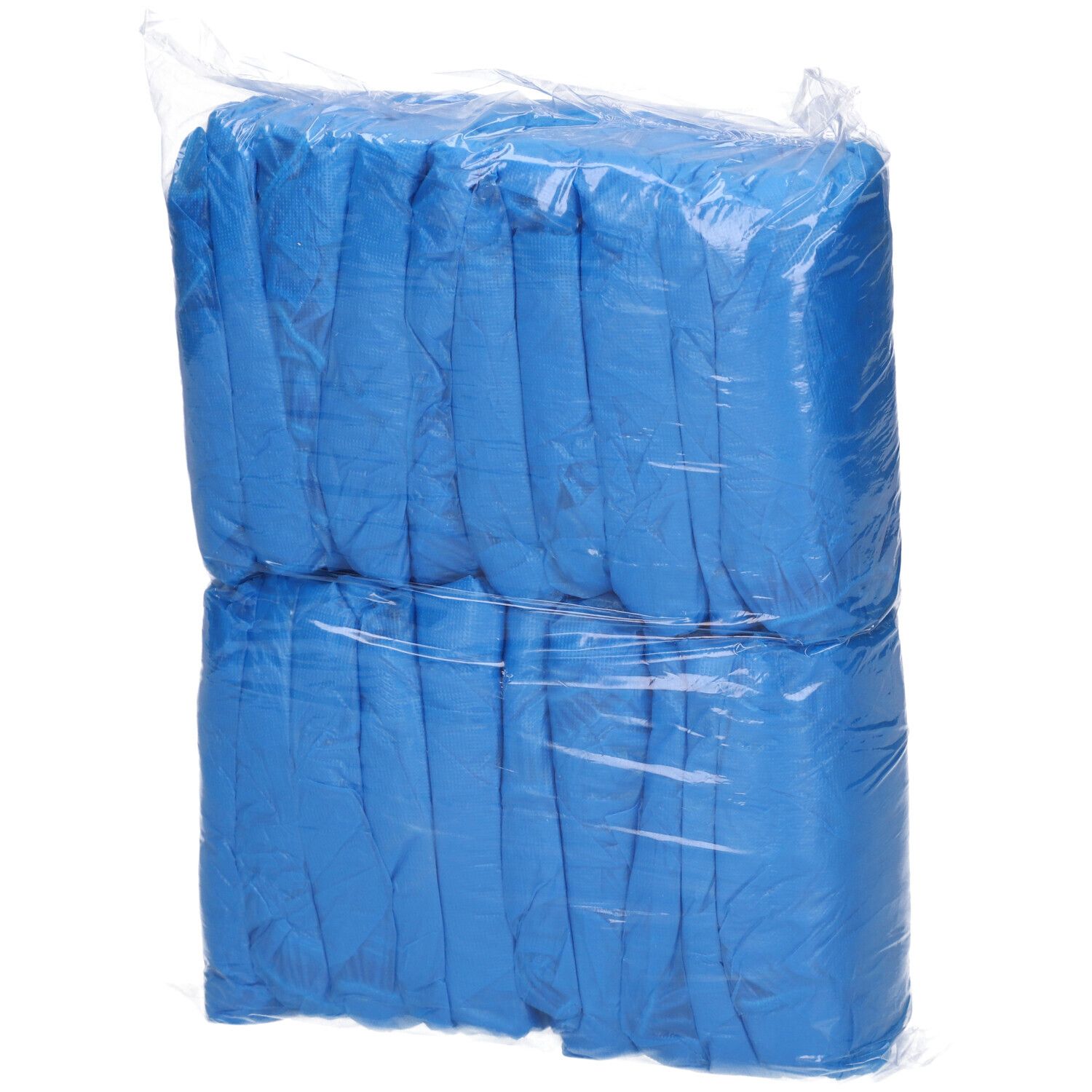 Confezione di copriscarpe blu. Imballaggio trasparente. Pila di copriscarpe.