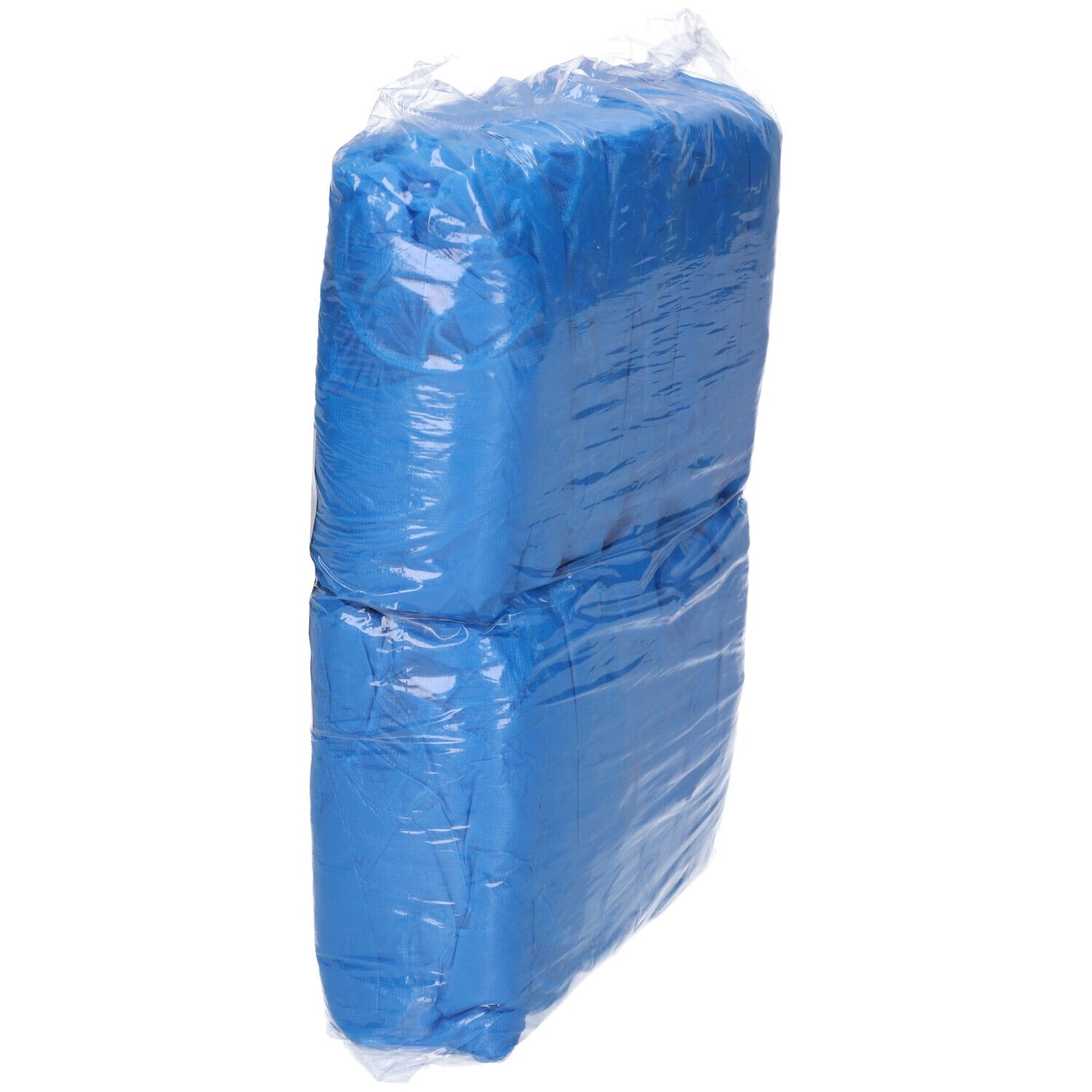 Confezione di copriscarpe blu. Imballaggio trasparente. Vista laterale.