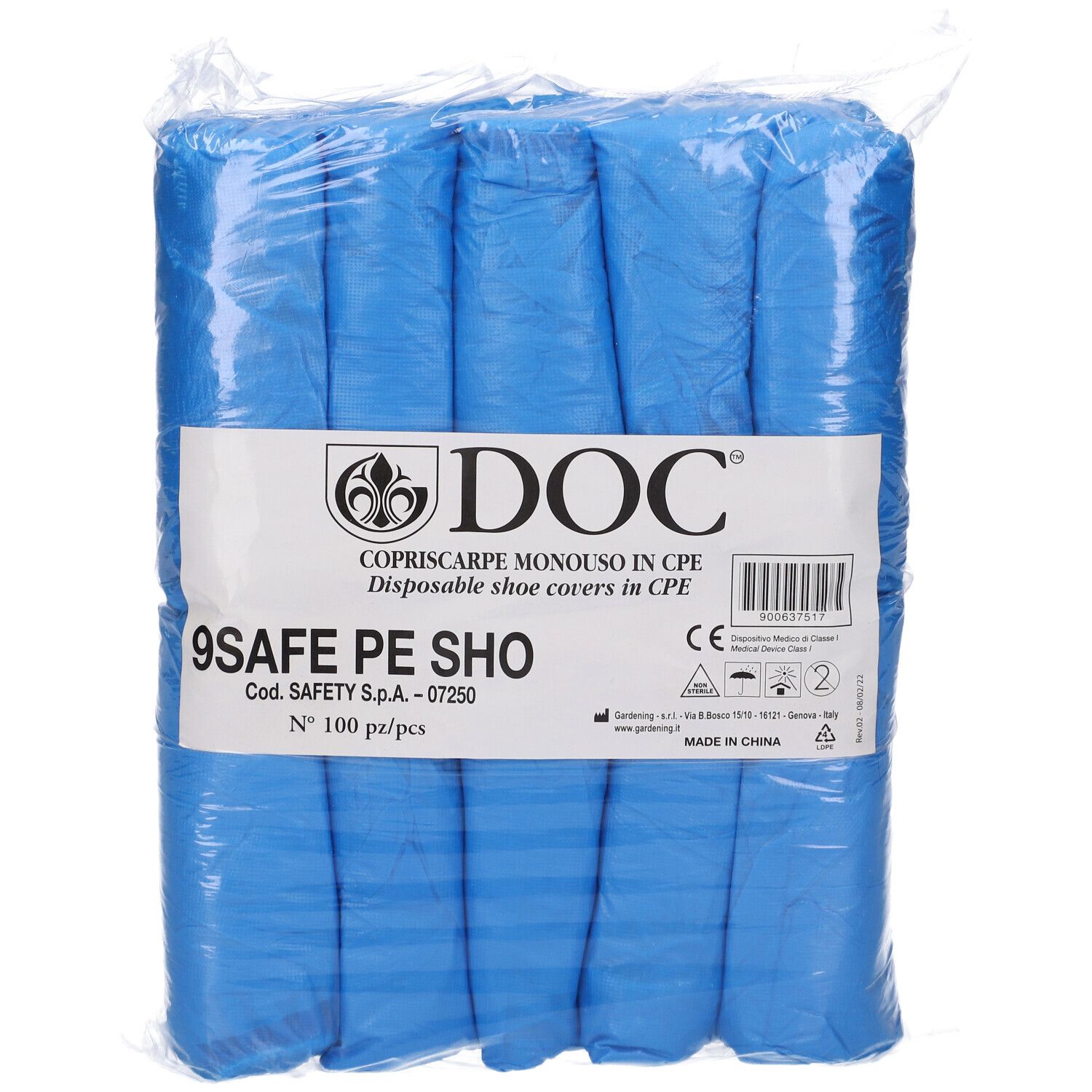 Confezione di copriscarpe blu. Scritta: DOC, 9SAFE PE SHO, 100 pezzi. Marchio CE.