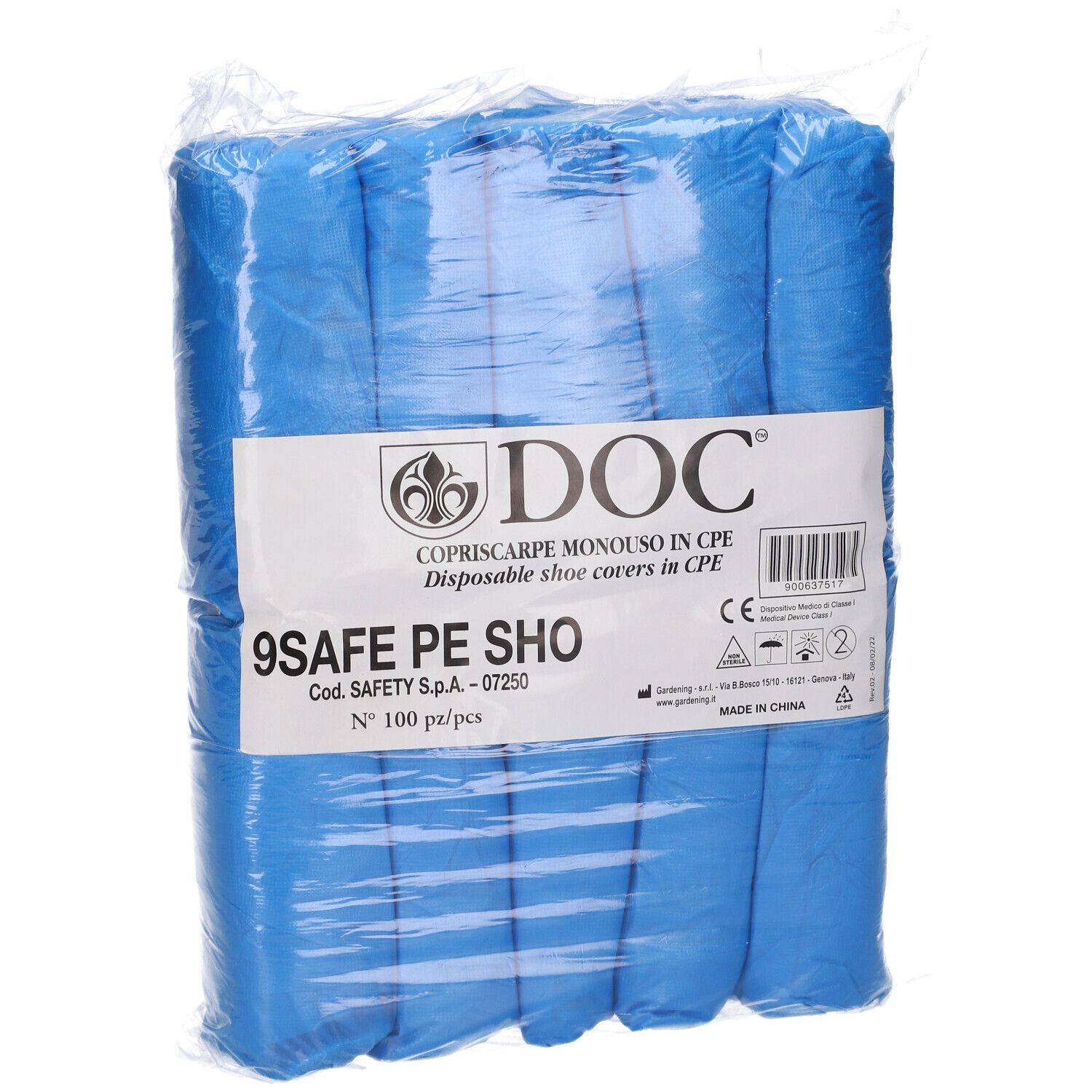 Confezione di copriscarpe blu. Scritta: DOC, 9SAFE PE SHO, 100 pezzi. Marchio CE.