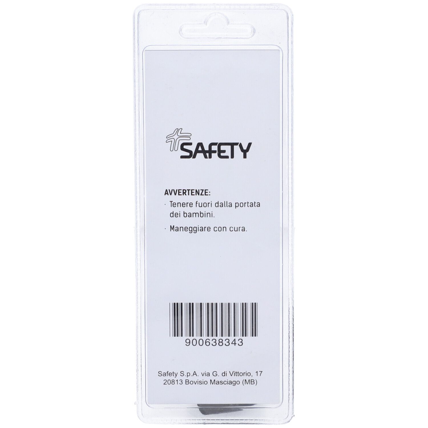 Retro della confezione blister. Logo SAFETY. Testo: AVVERTENZE. Codice a barre e indirizzo.