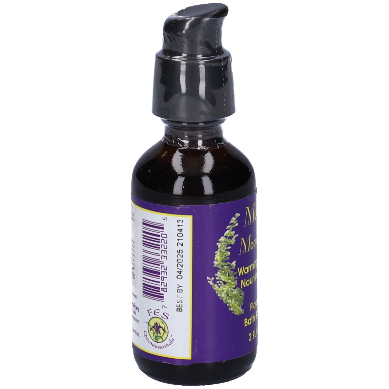 Flacone di vetro marrone con dosatore nero. Etichetta con codice a barre e scritta: Best by 04/2025. Logo FCS.