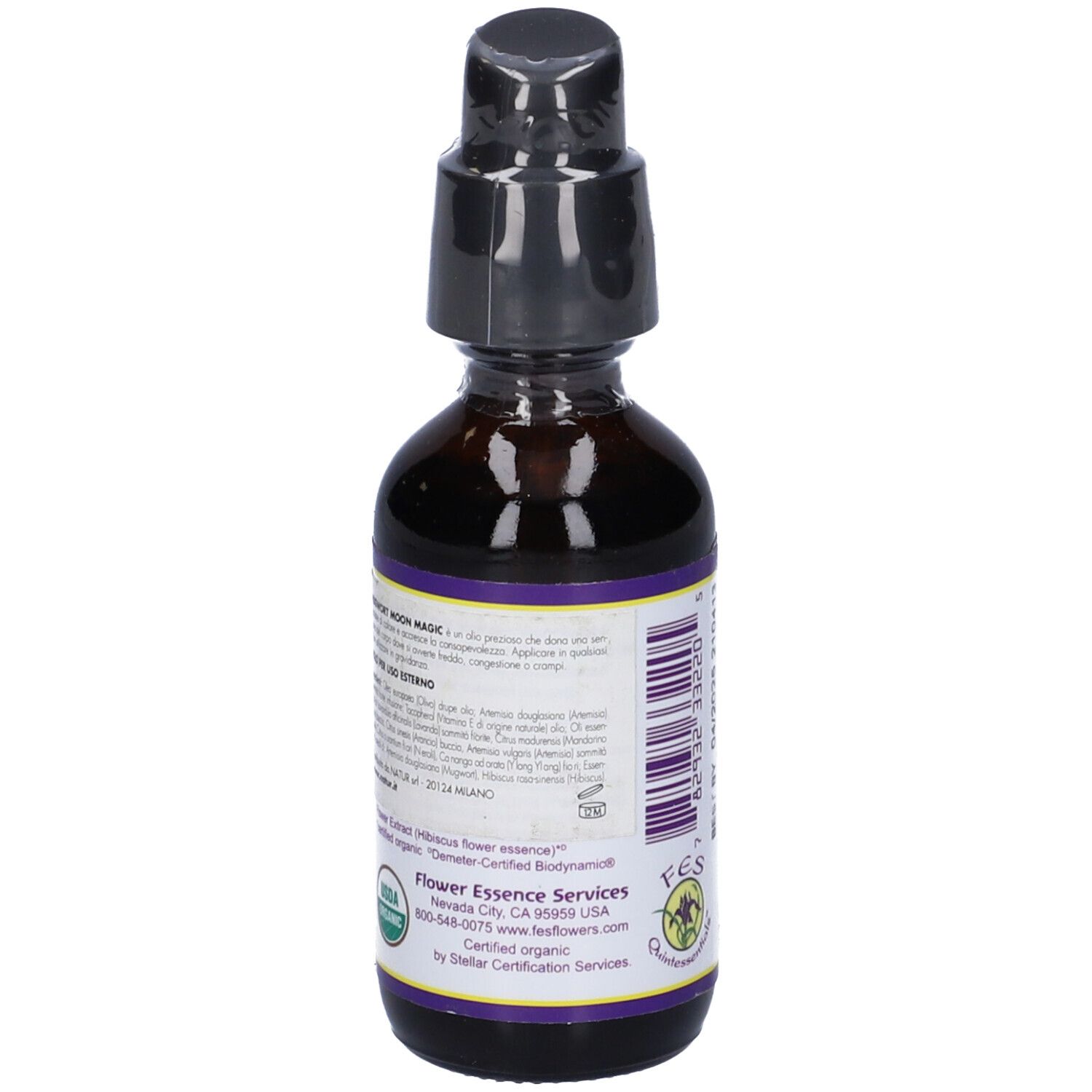 Flacone di vetro marrone con dosatore nero. Retro con testo, ingredienti e loghi. Prodotto biologico certificato.