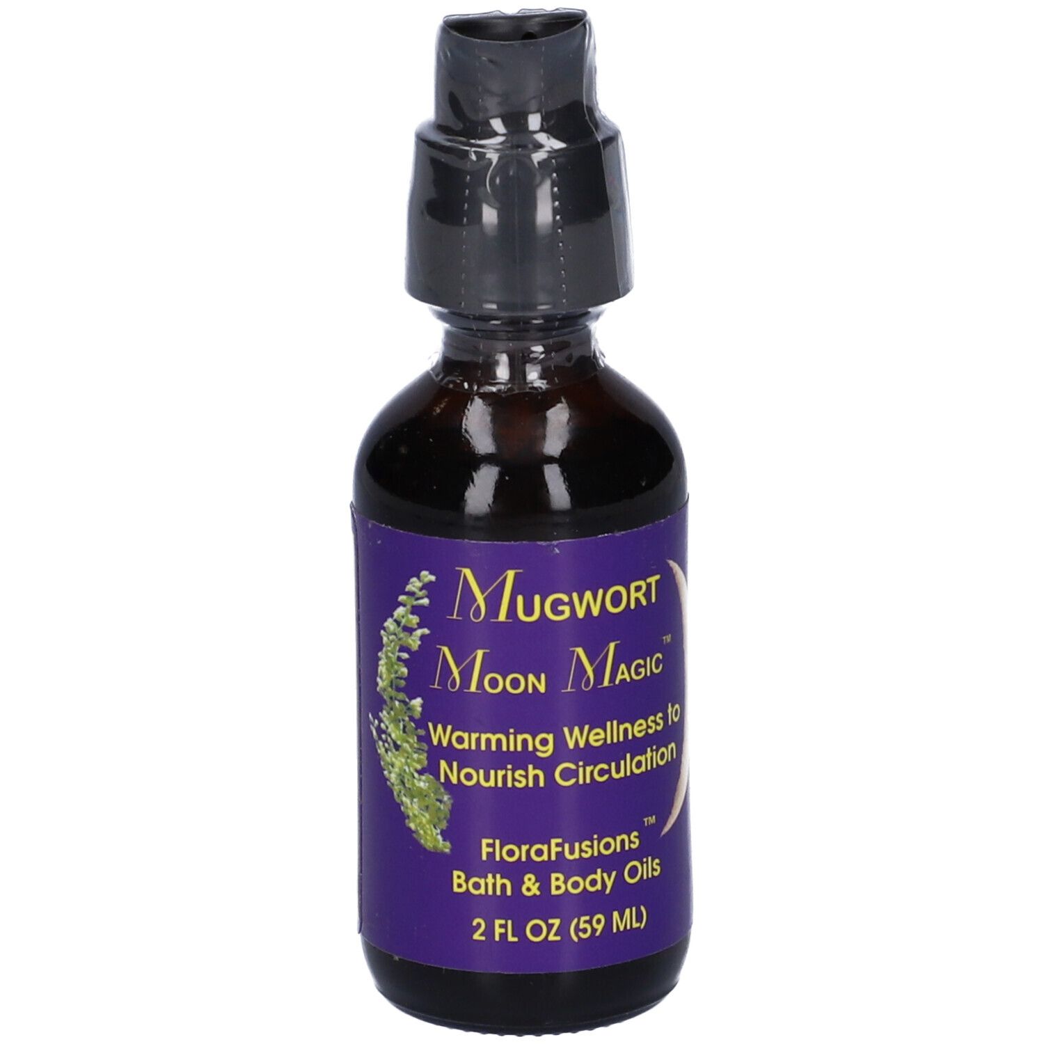 Flacone di vetro marrone con dosatore nero. Scritta: Mugwort Moon Magic, FloraFusions Bath & Body Oils, 2 FL OZ (59 ml).
