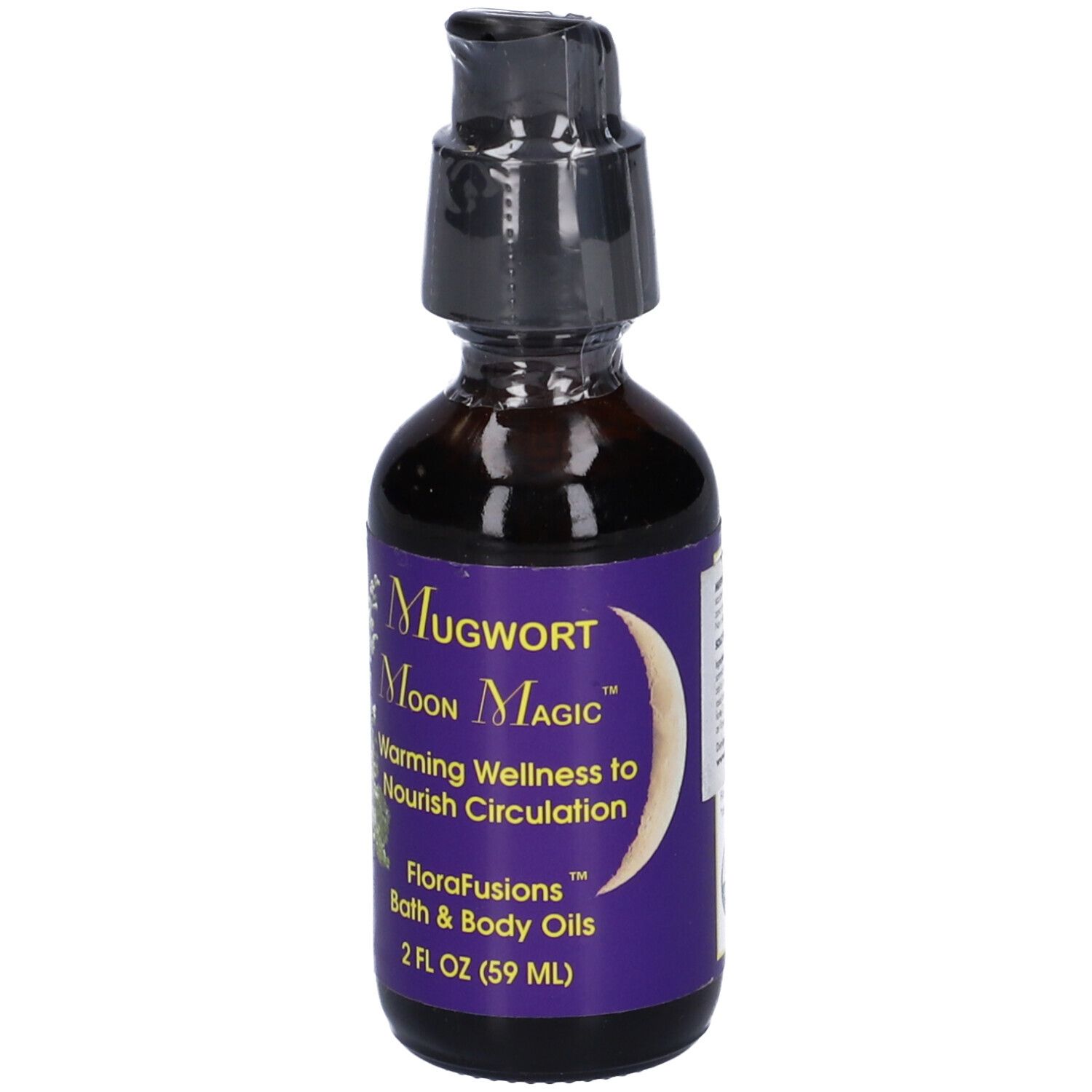 Flacone di vetro marrone con dosatore nero. Scritta: Mugwort Moon Magic, FloraFusions Bath & Body Oils, 2 FL OZ (59 ml).