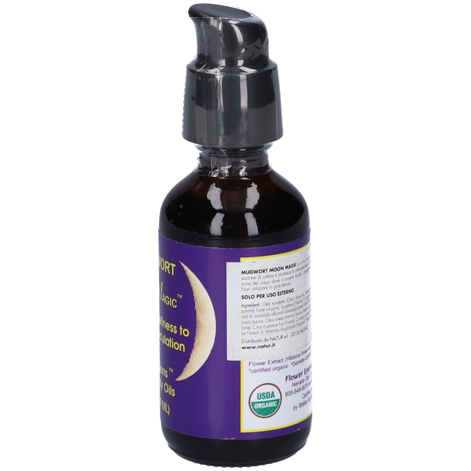 Flacone di vetro marrone con dosatore nero. Retro con testo, ingredienti e loghi. Sigillo USDA Organic.