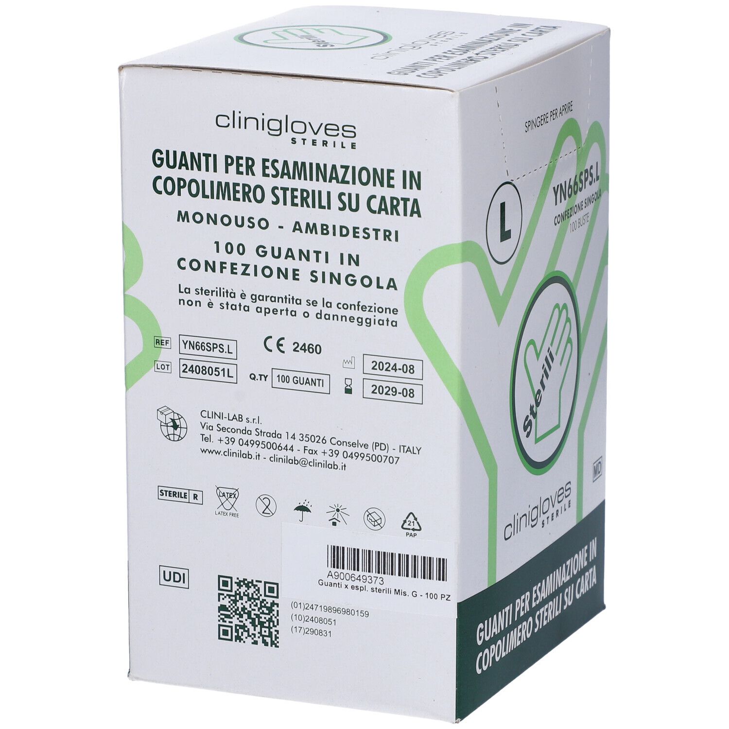 Scatola di guanti medici. Marchio: Clinigloves. Taglia L. Scritta: Sterili. Confezione singola da 100 pezzi. Marchio CE.