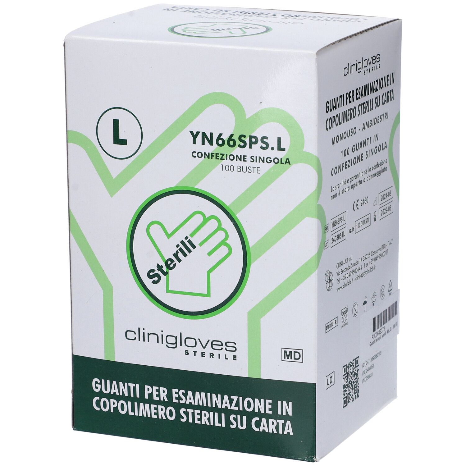 Scatola di guanti medici. Marchio: Clinigloves. Taglia L. Scritta: Sterili. Confezione singola da 100 pezzi.