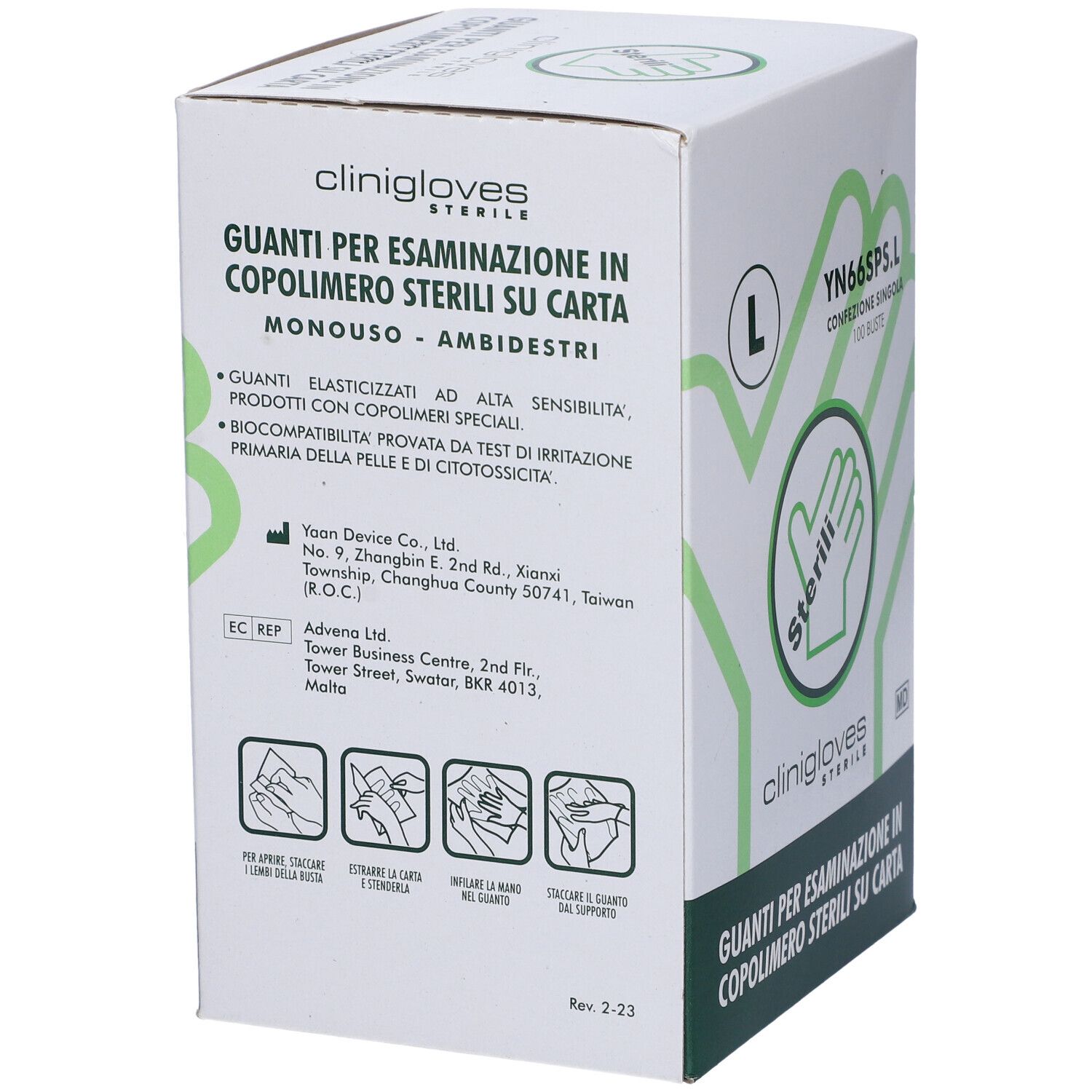 Scatola di guanti medici. Marchio: Clinigloves. Taglia L. Scritta: Sterili. Confezione singola da 100 pezzi. Testo sulle proprietà.