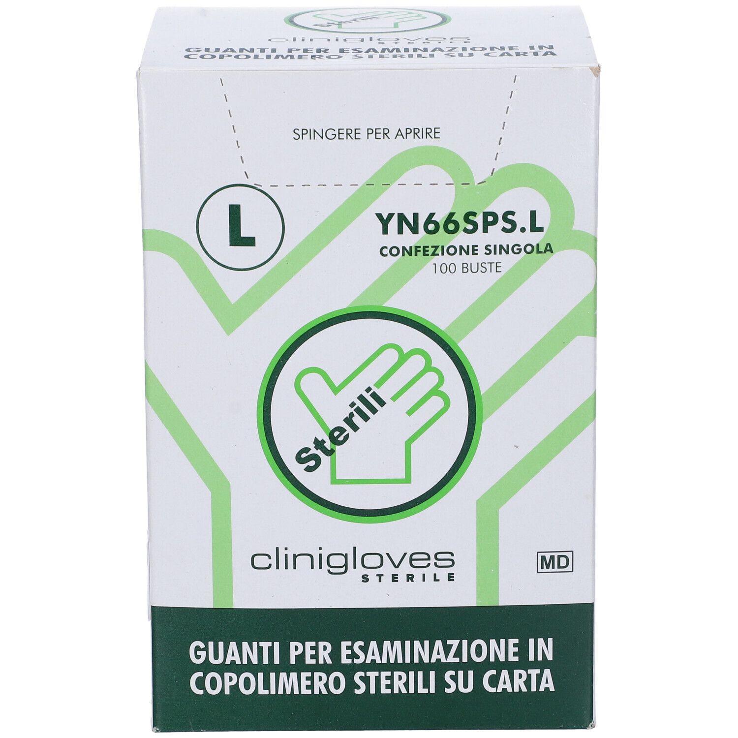 Scatola di guanti medici. Marchio: Clinigloves. Taglia L. Scritta: Sterili. Confezione singola da 100 pezzi. Istruzioni.