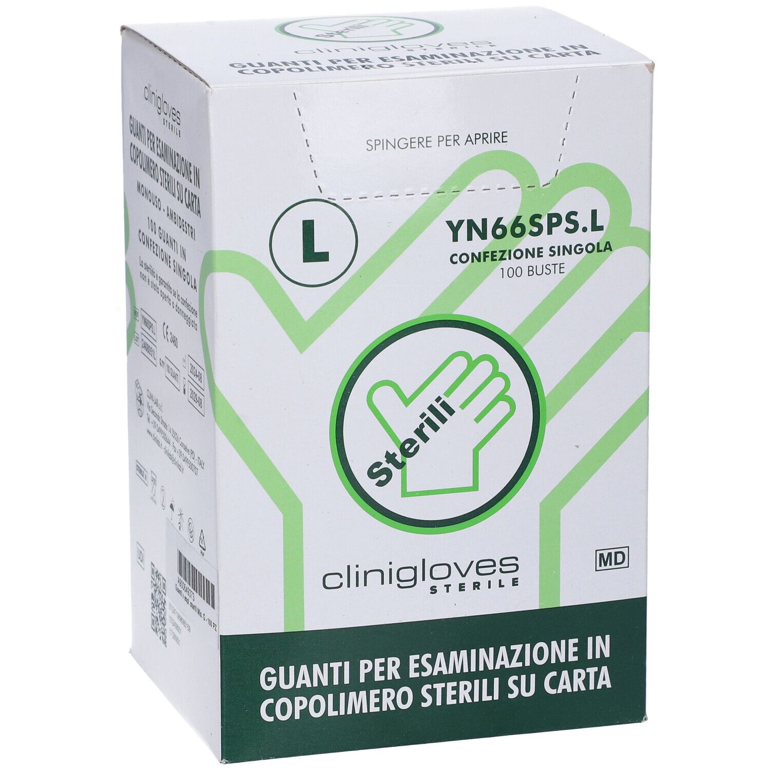 Scatola di guanti medici. Marchio: Clinigloves. Taglia L. Scritta: Sterili. Confezione singola da 100 pezzi.