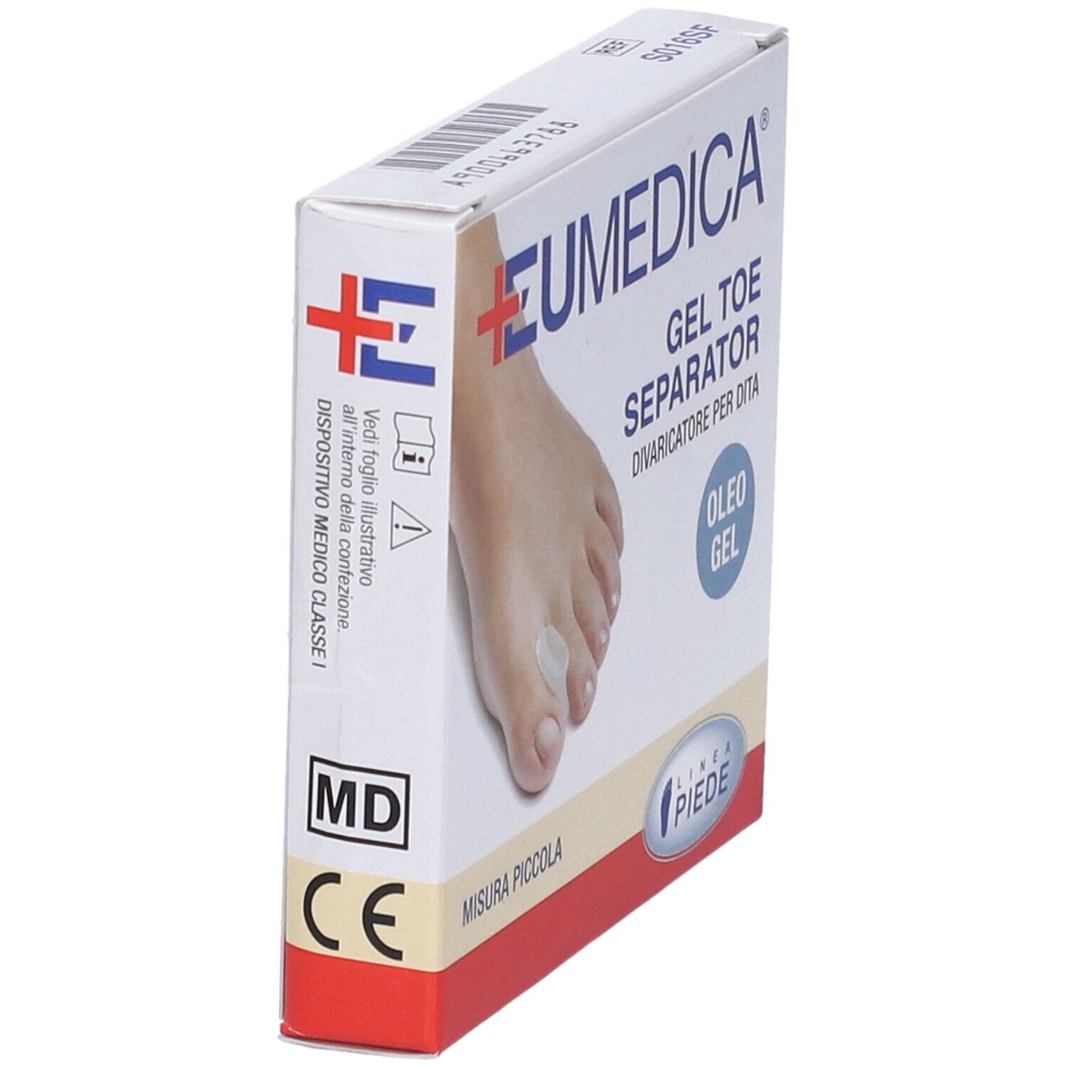Confezione di separatore per dita. Marchio EUMEDICA. Scritta: GEL TOE SEPARATOR, OLEO GEL. Marchi MD e CE. MISURA PICCOLA.