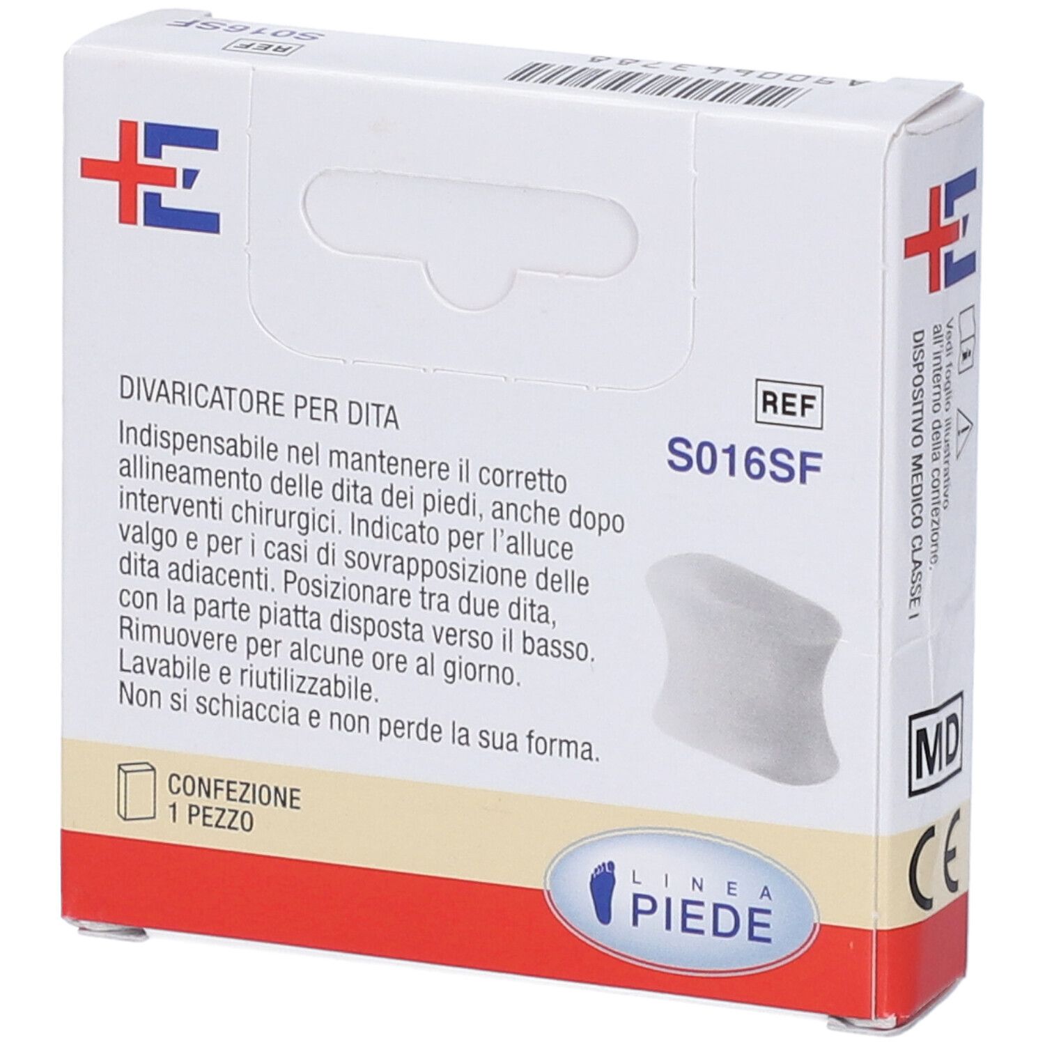 Confezione di separatore per dita. Scritta: DIVARICATORE PER DITA. Un separatore per dita in gel. REF S016SF. Confezione 1 pezzo. Marchio CE.