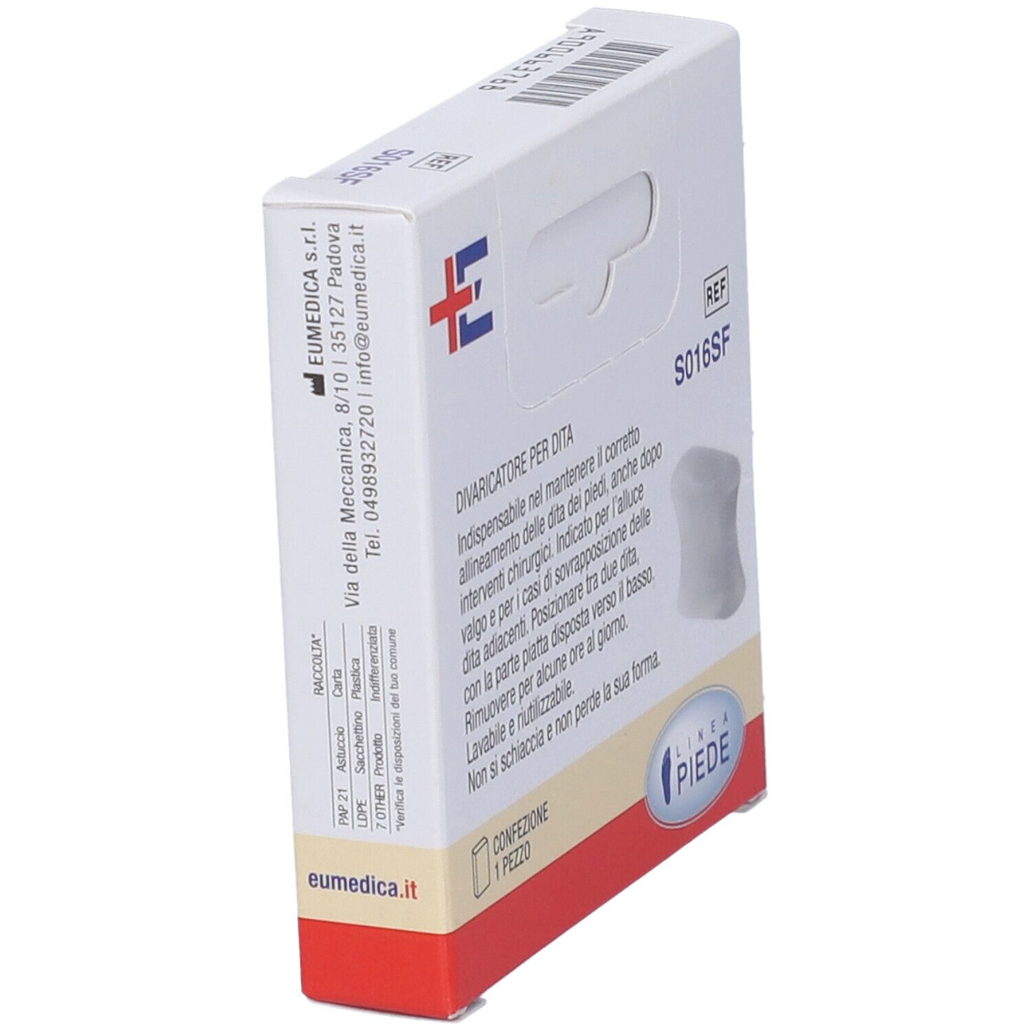 Confezione di separatore per dita. Scritta: DIVARICATORE PER DITA. REF S016SF. Confezione 1 pezzo. Marchio CE. Marchio EUMEDICA.