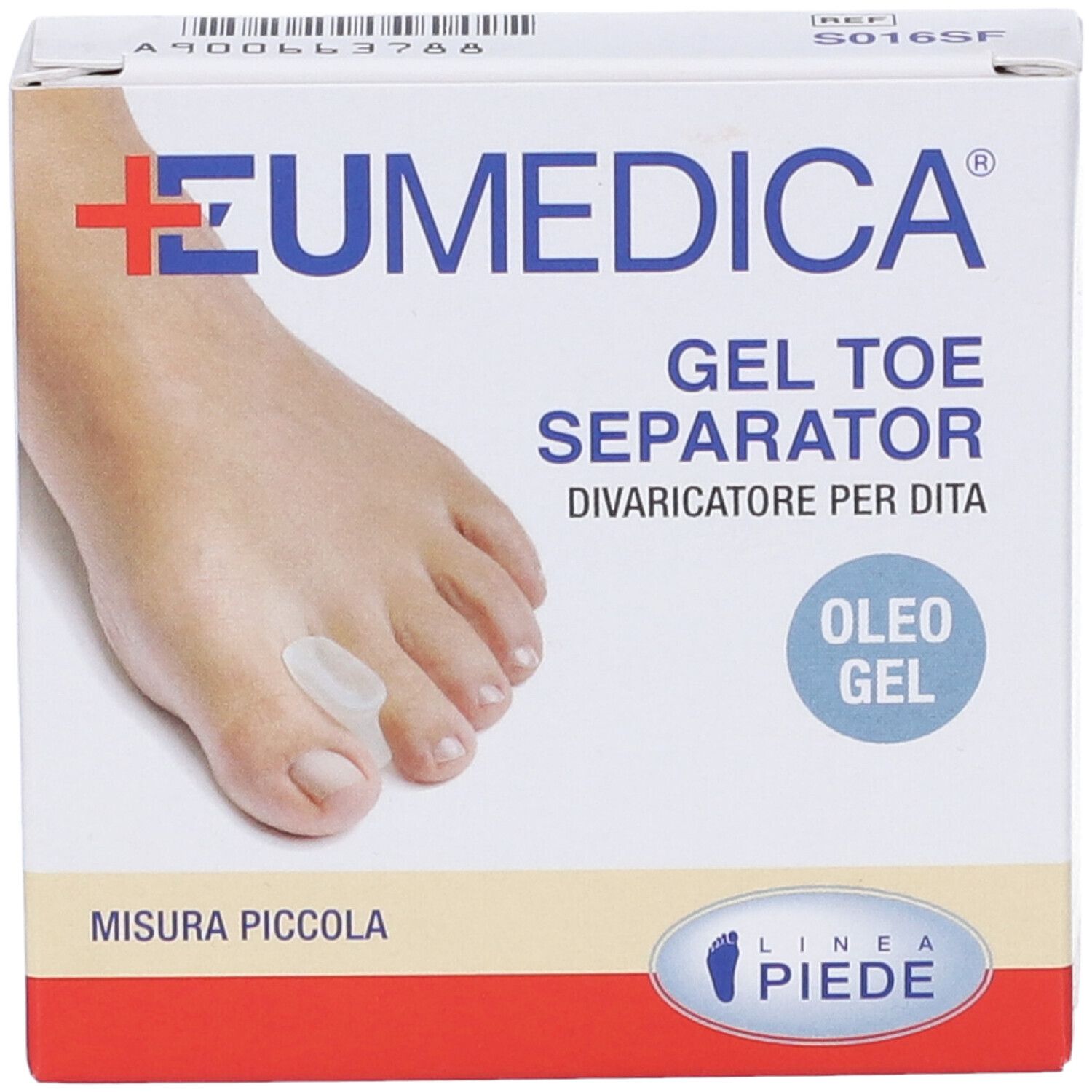 Confezione di separatore per dita. Marchio EUMEDICA. Scritta: GEL TOE SEPARATOR, OLEO GEL. Piede con separatore per dita. MISURA PICCOLA.