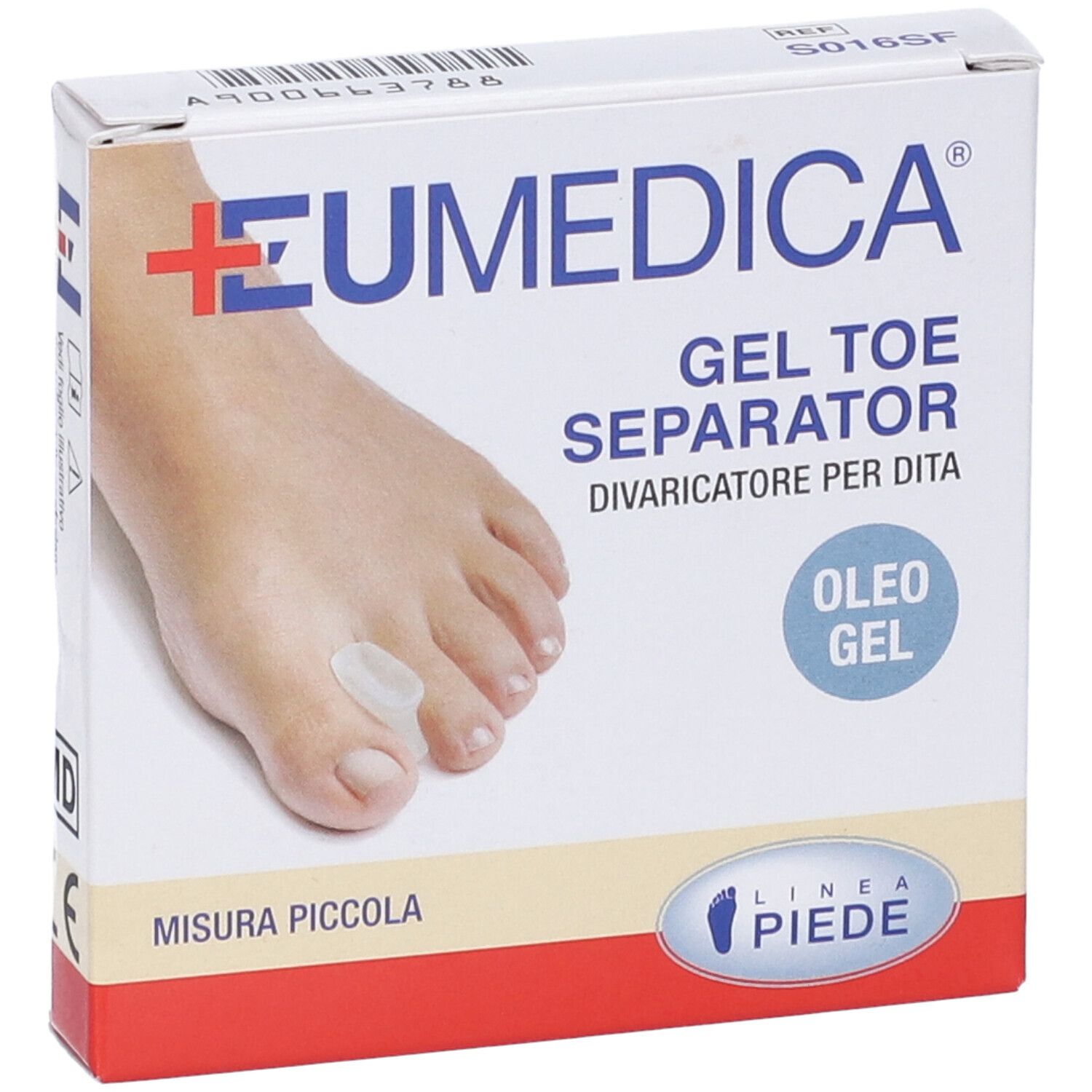 Confezione di separatore per dita. Marchio EUMEDICA. Scritta: GEL TOE SEPARATOR, OLEO GEL. Piede con separatore per dita. MISURA PICCOLA.