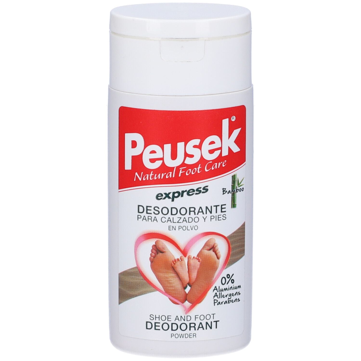 Flacone bianco con etichetta rossa. Scritta Peusek, express, Desodorante. Immagine di piedi.