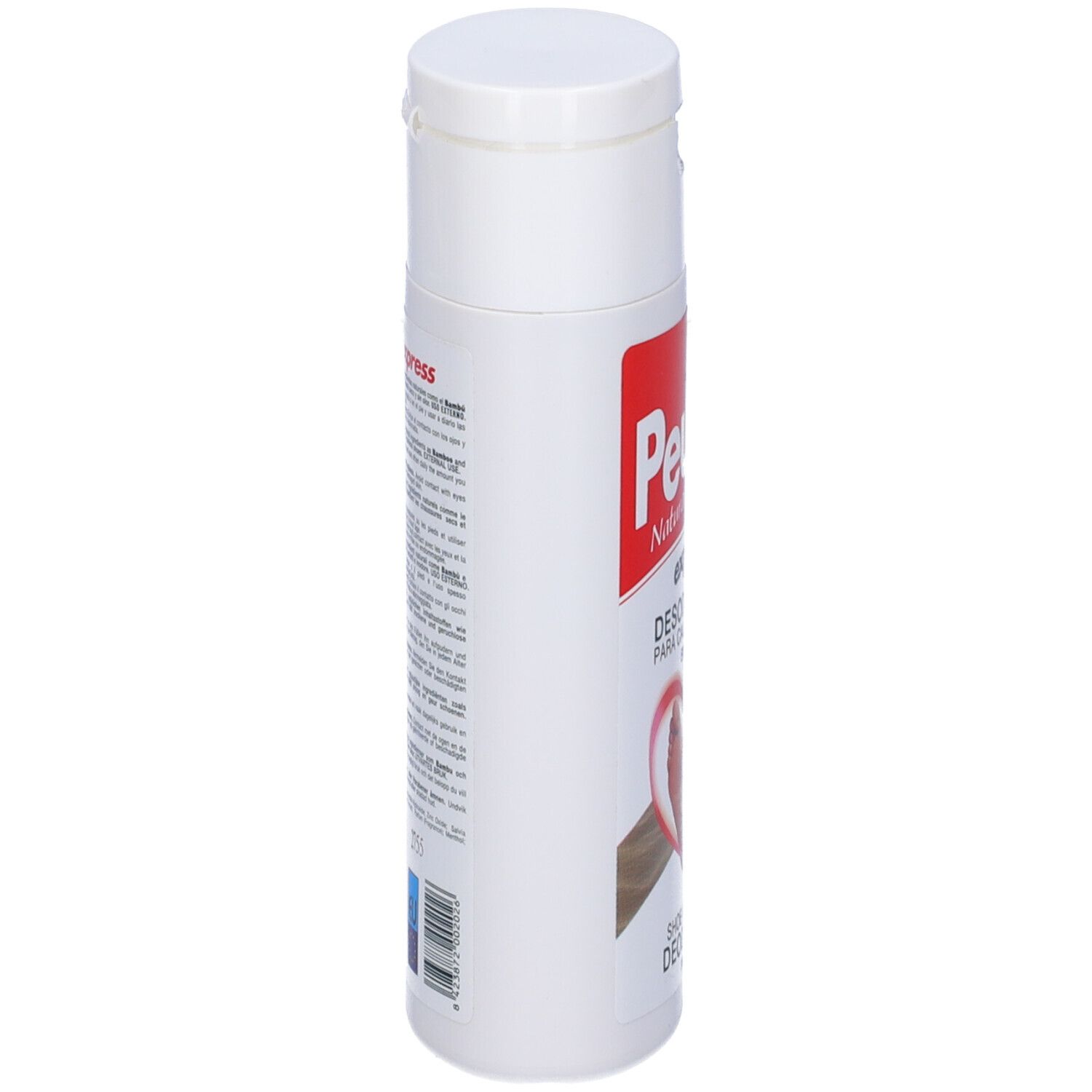 Flacone bianco con testo. Scritta Peusek express, Desodorante. Testo in più lingue.
