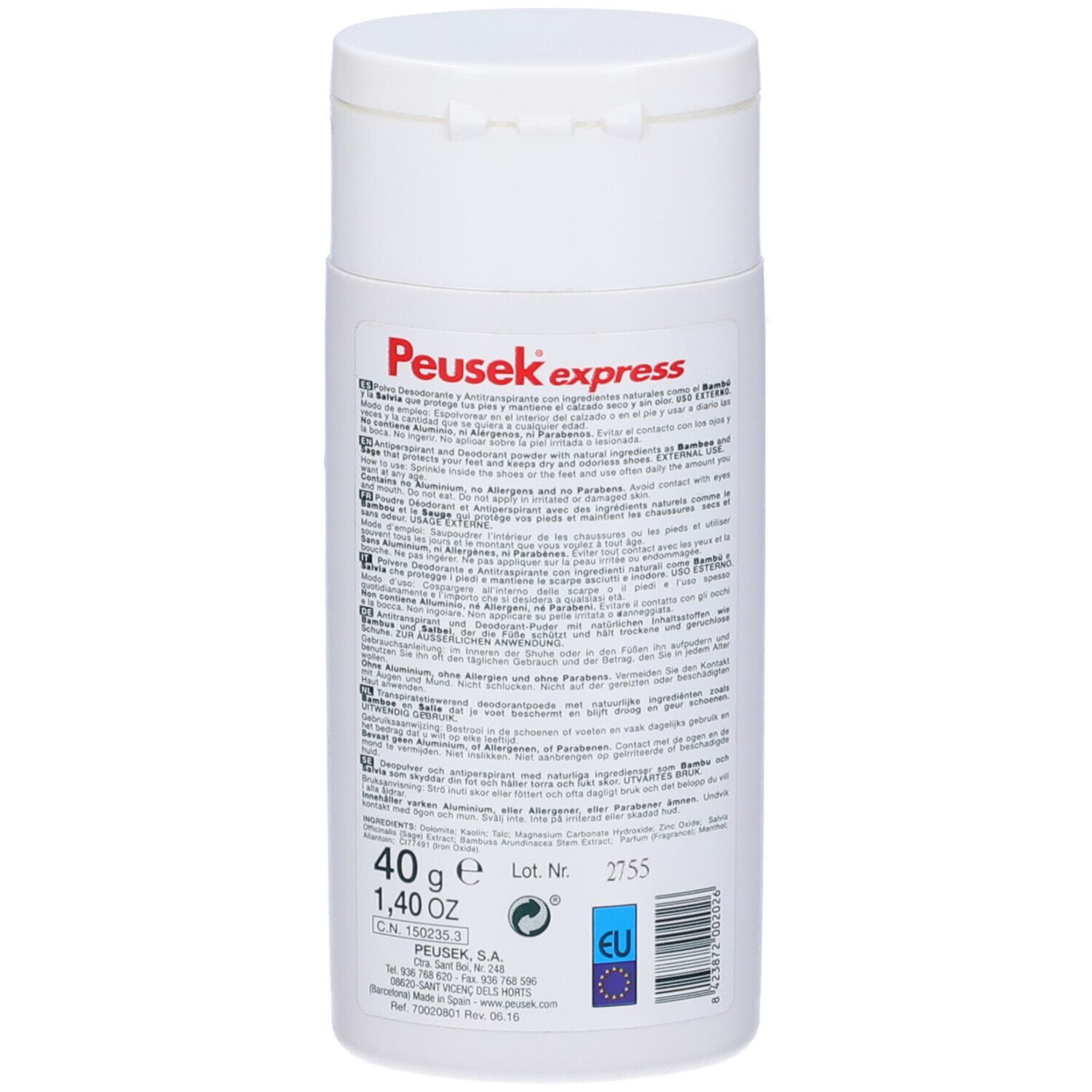 Flacone bianco con testo. Scritta Peusek express, Desodorante. Testo in più lingue.