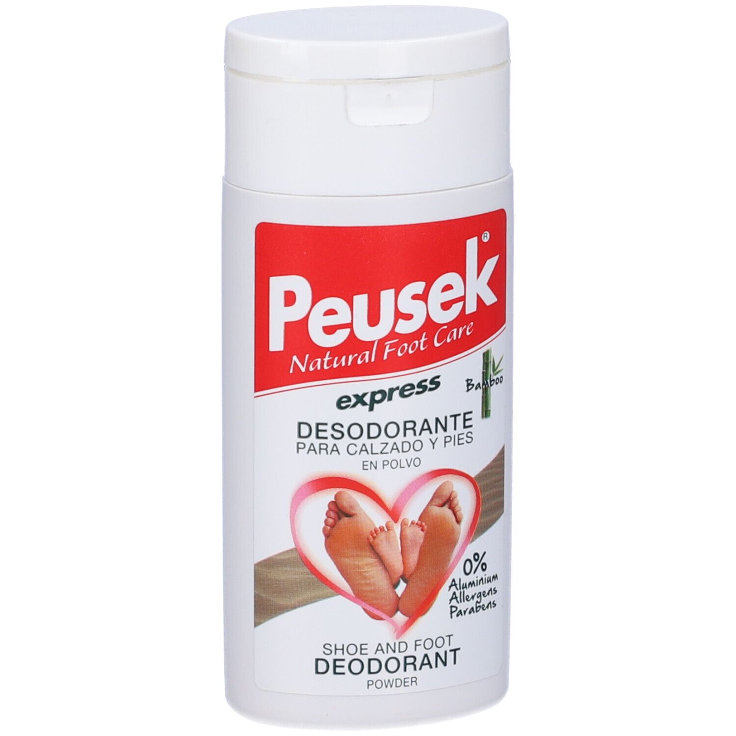 Flacone bianco con etichetta rossa. Scritta Peusek, express, Desodorante. Immagine di piedi.
