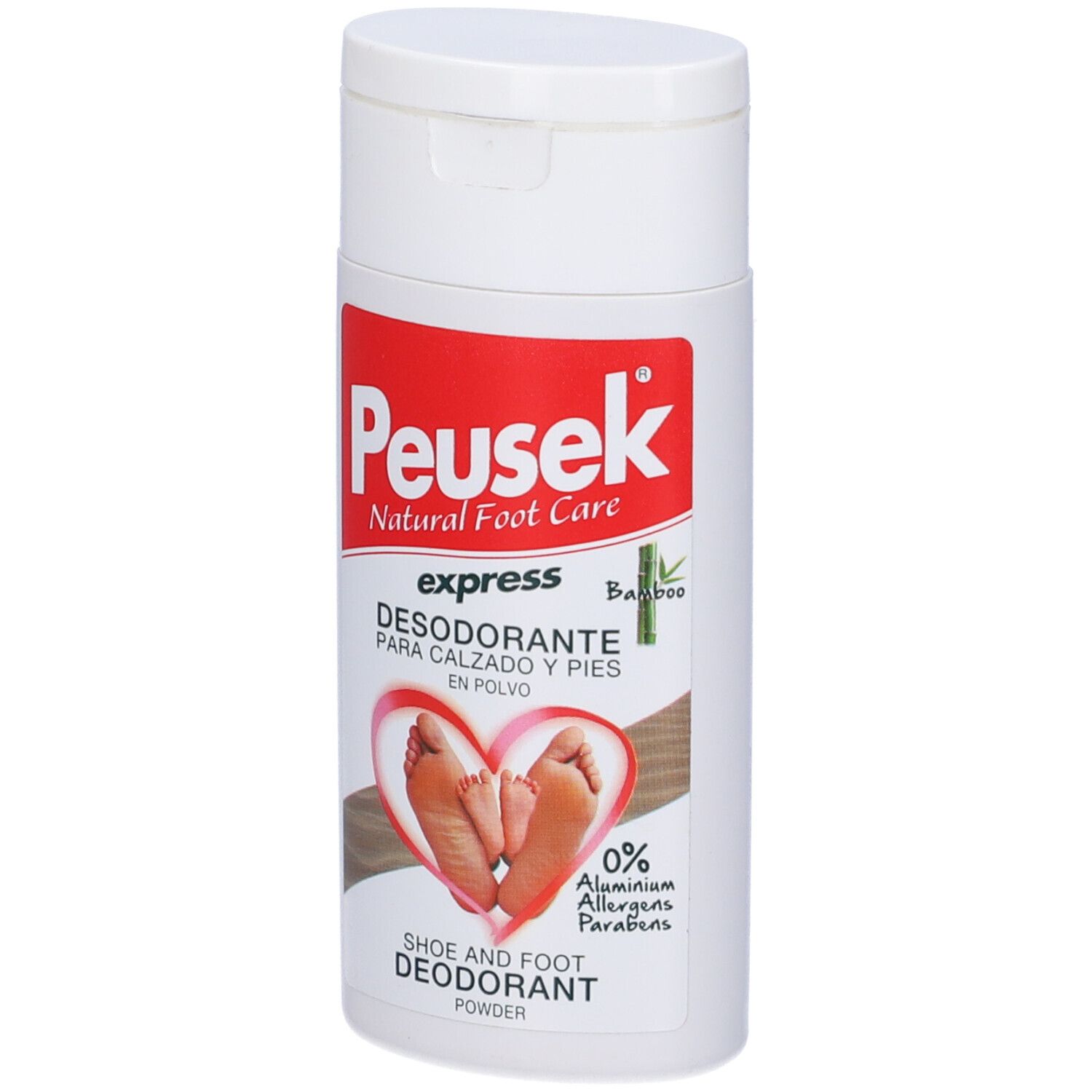 Flacone bianco con etichetta rossa. Scritta Peusek, express, Desodorante. Immagine di piedi.