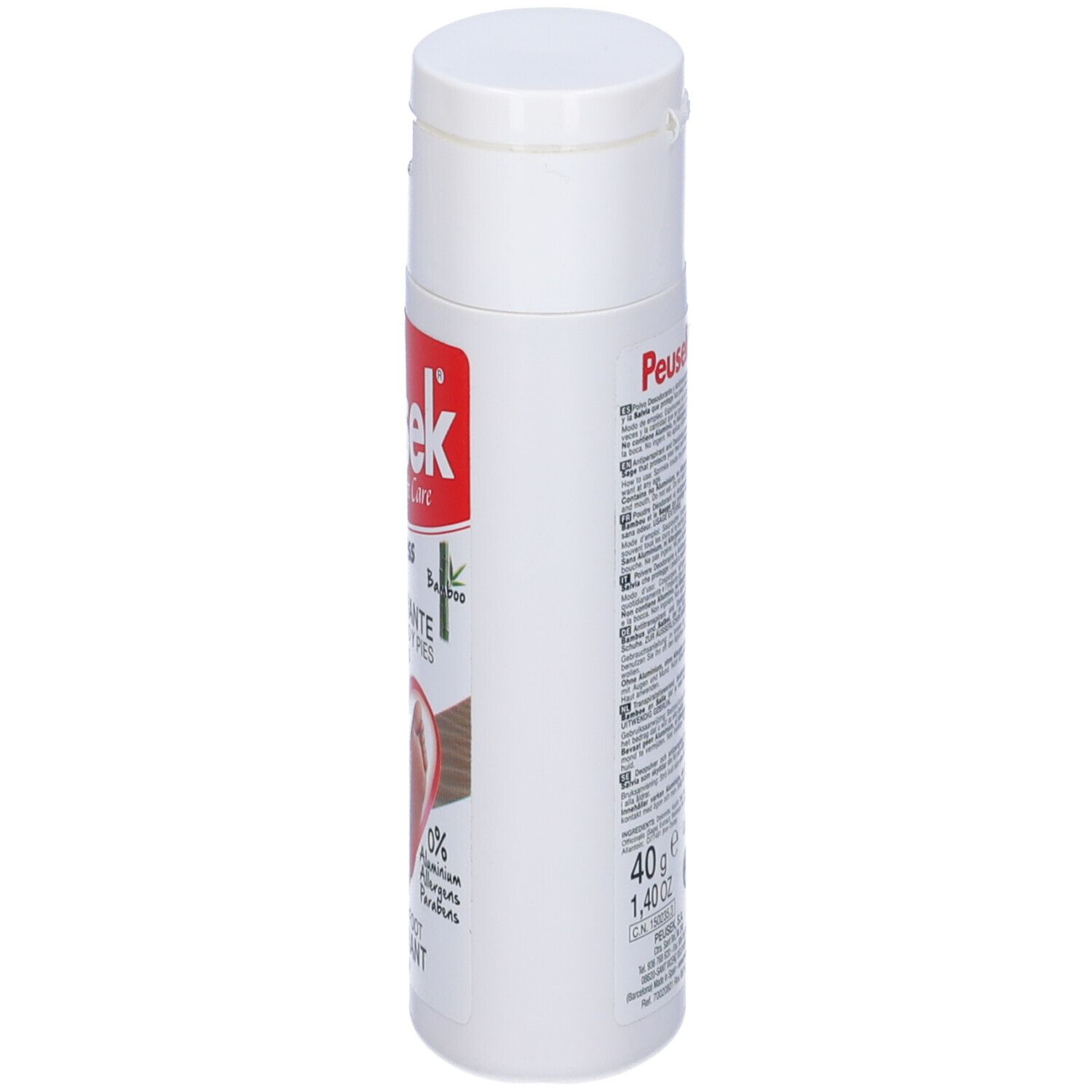 Flacone bianco con etichetta rossa. Scritta Peusek, express, Desodorante. 40g, 1.40 oz.