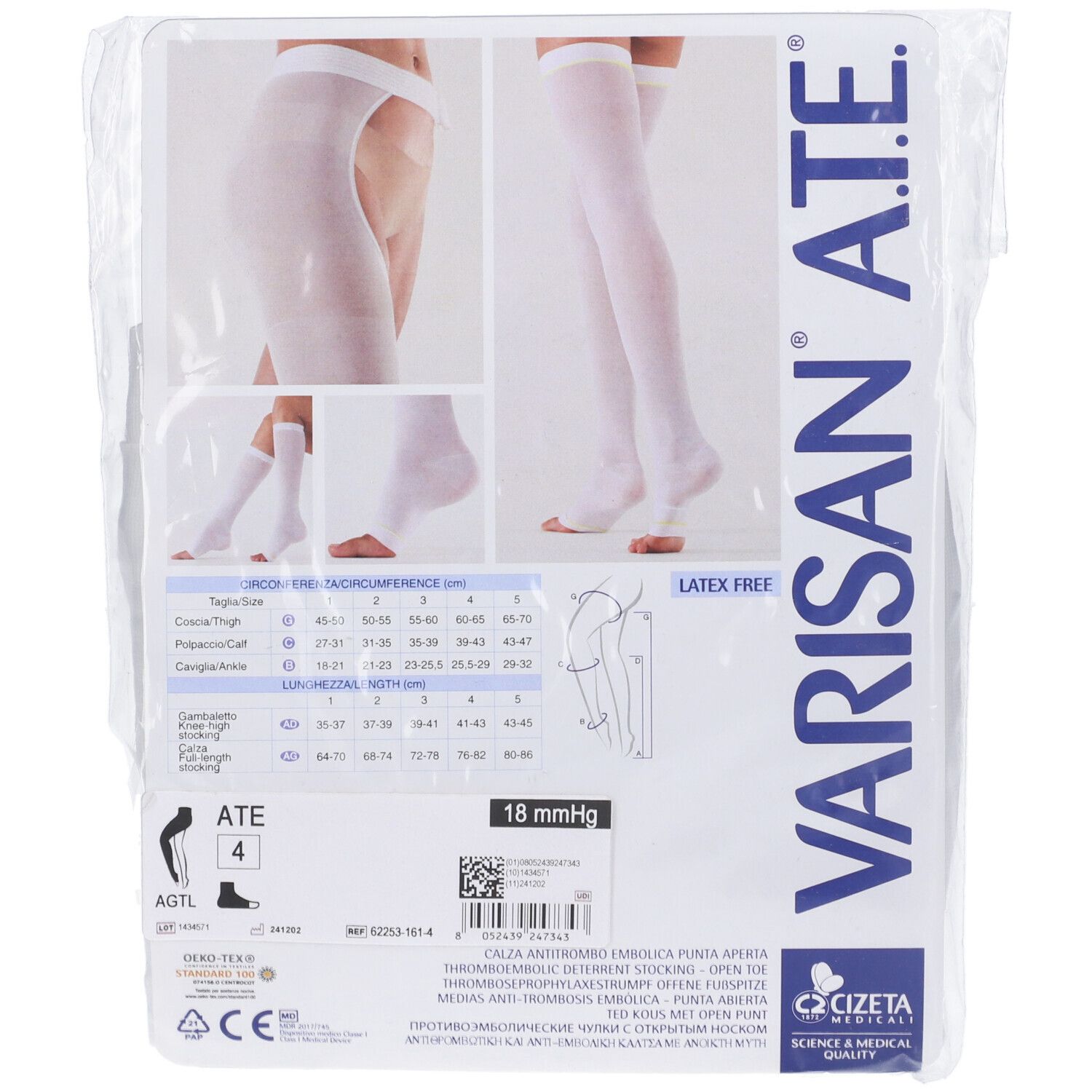 Confezione con calze medicali. Scritta VARISAN A.T.E. Immagini del prodotto e informazioni.