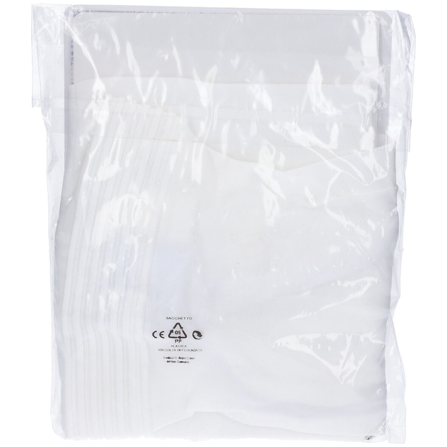 Confezione trasparente con calza medicale. Marchio CE e altre informazioni.