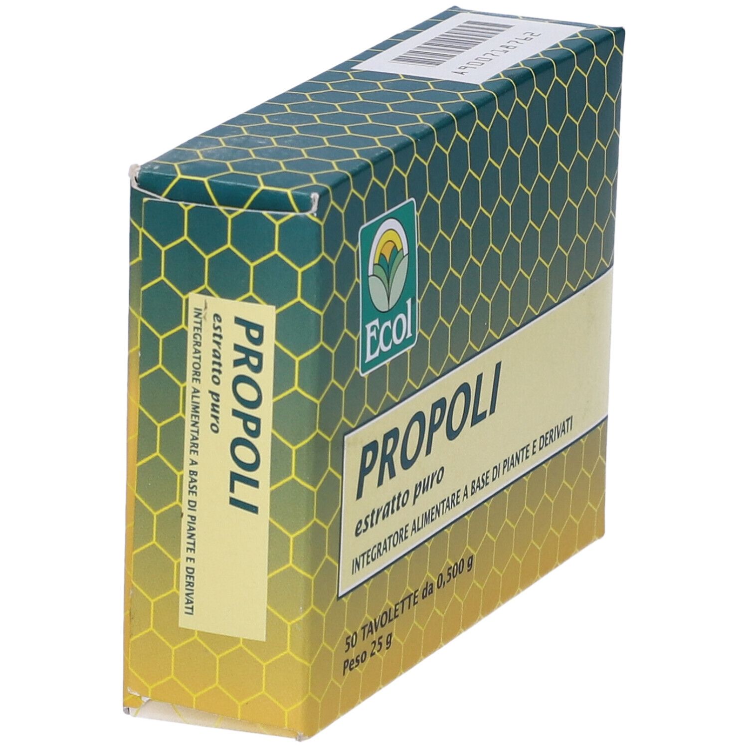 Vista angolata della scatola di compresse "Propoli". Design verde-giallo, informazioni.