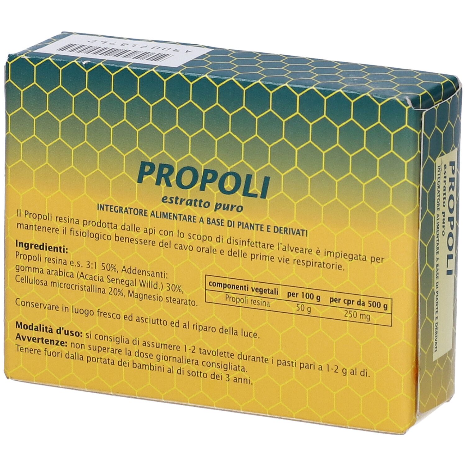 Retro della scatola di compresse "Propoli". Design verde-giallo, ingredienti e istruzioni.